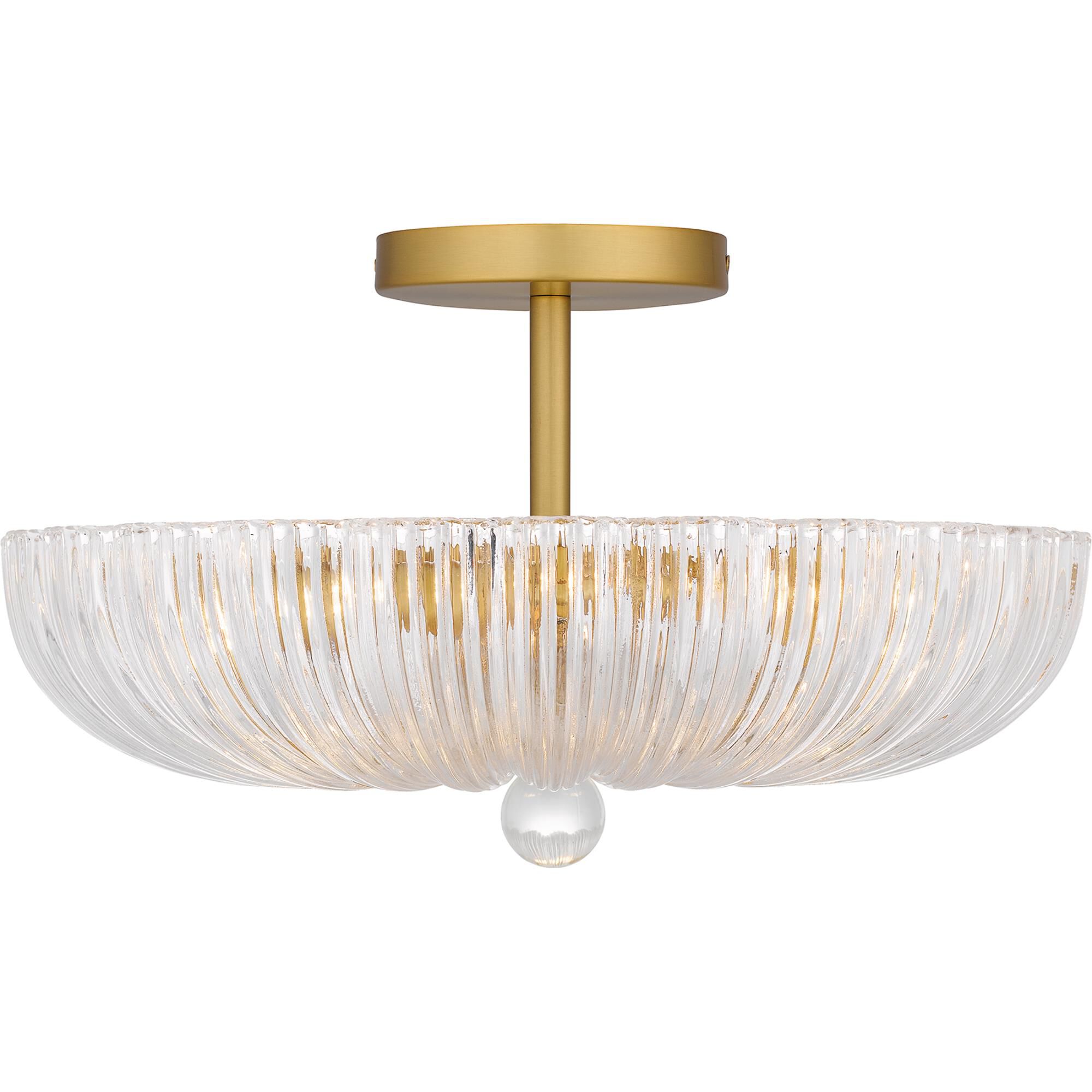 Shown in Brushed Gold finish and Clear Ribbed Glass shade