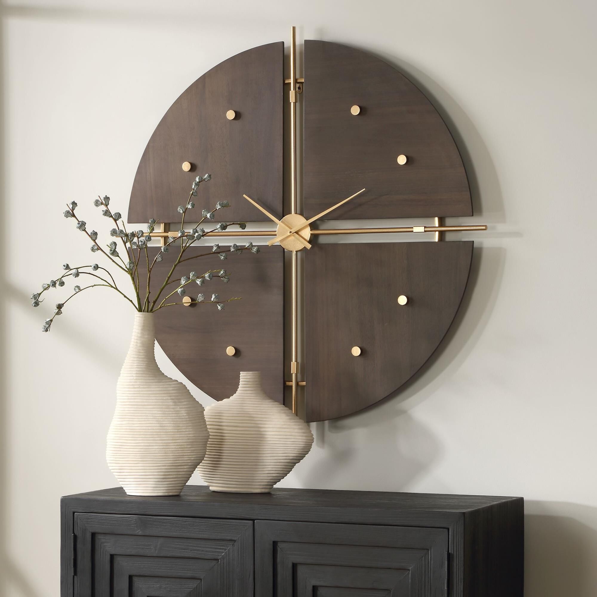 Shown in This Unique Clock Is A Harmonious Blend Of Form And Function, Divided Into Four Seamlessly Pieced Se finish