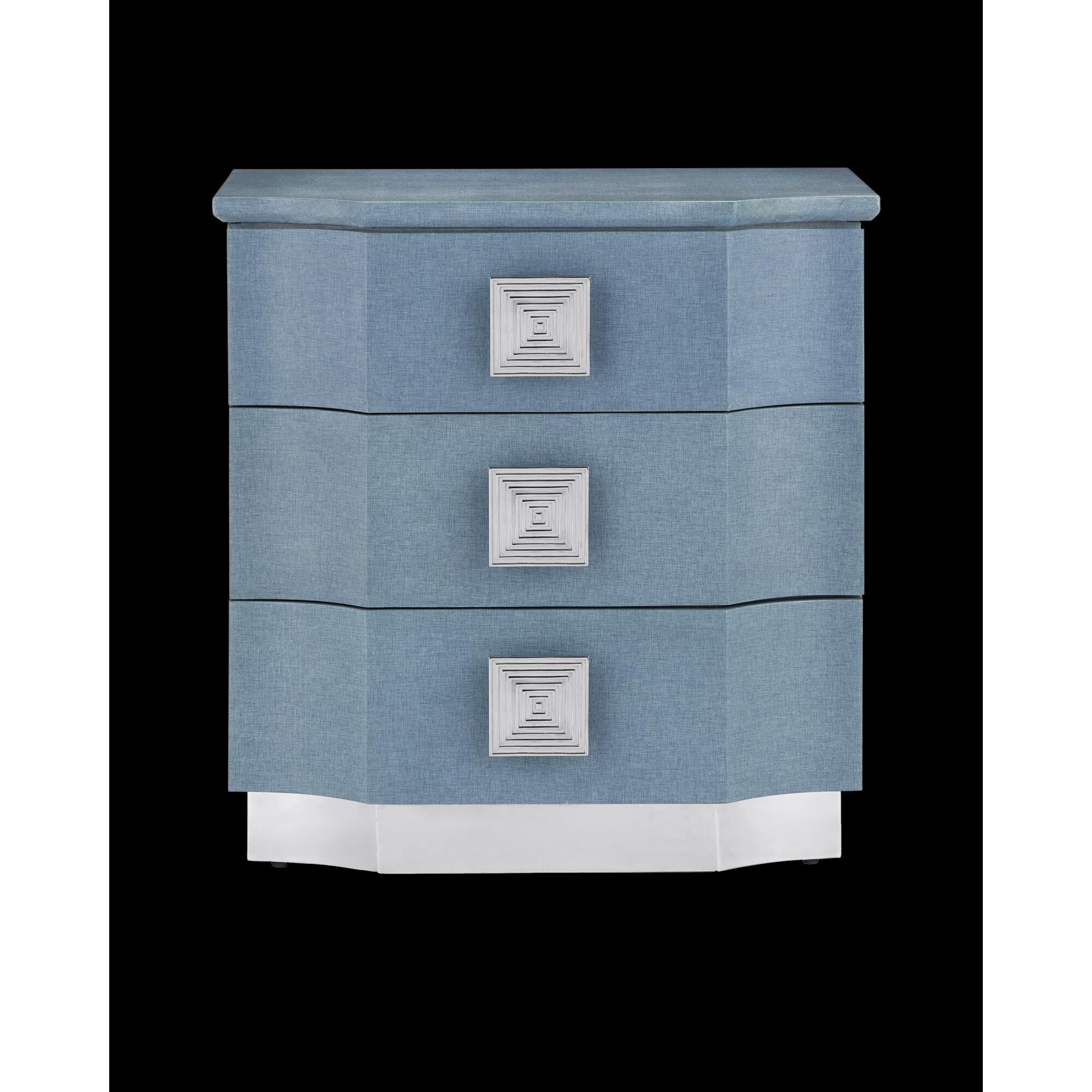 Shown in Lacquered Blue Linen, Washed Mahogany and Polished Stainless Steel finish