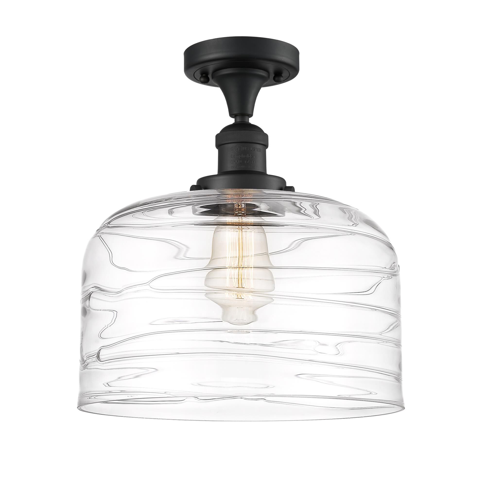 Shown in Matte Black finish and Clear Deco Swirl X-Large Bell glass