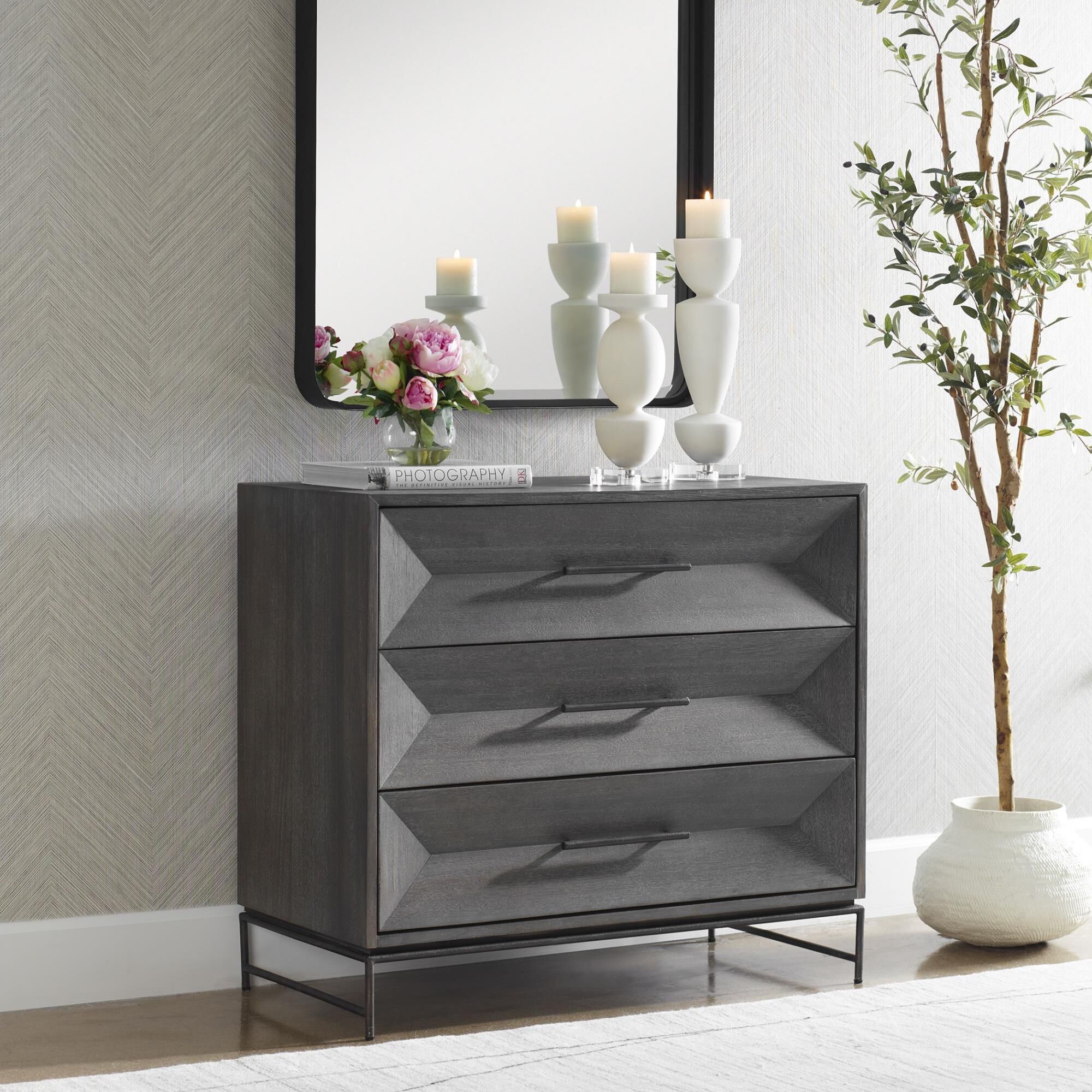 Shown in Displaying Balanced Elegance Through Its Three Symmetric Drawers This Chest Is Crafted From Rich Aca finish