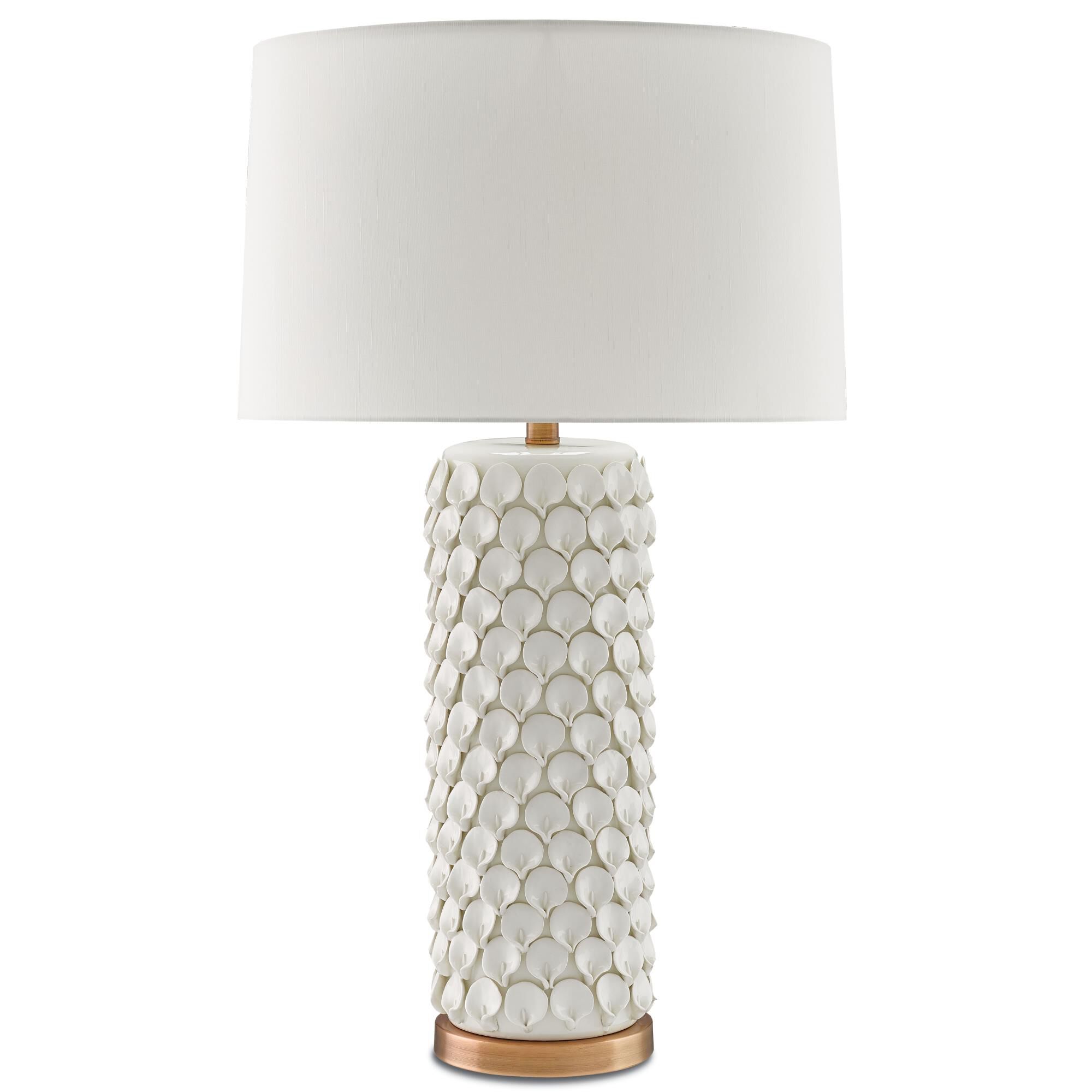 Shown in Cream-Antique Brass finish and Eggshell Shantung shade