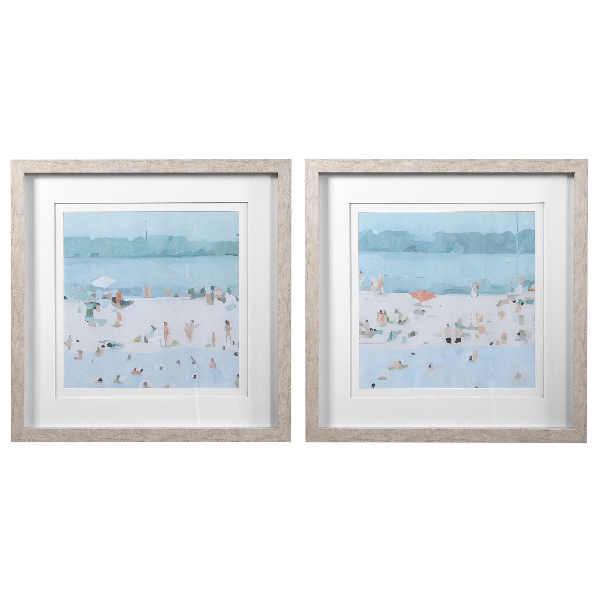 Shown in Beach Scene, Double White Mats, Light Driftwood Colored Frames, Light Blue, Blue, Teal, Tan, Peach,  finish