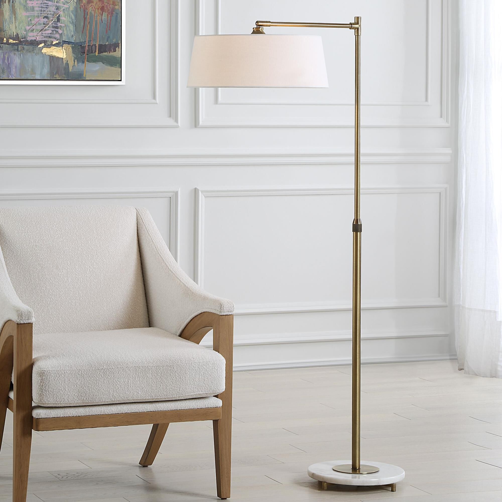 Shown in This Refined Floor Lamp Is Crafted From Iron Finished In A Plated Antique Brushed Brass, Attached To finish and Round Hardback shade