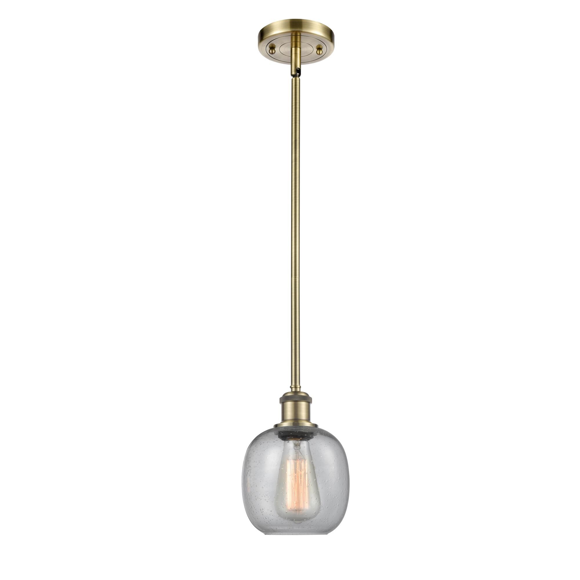 Shown in Antique Brass finish and Sphere glass and Glass shade