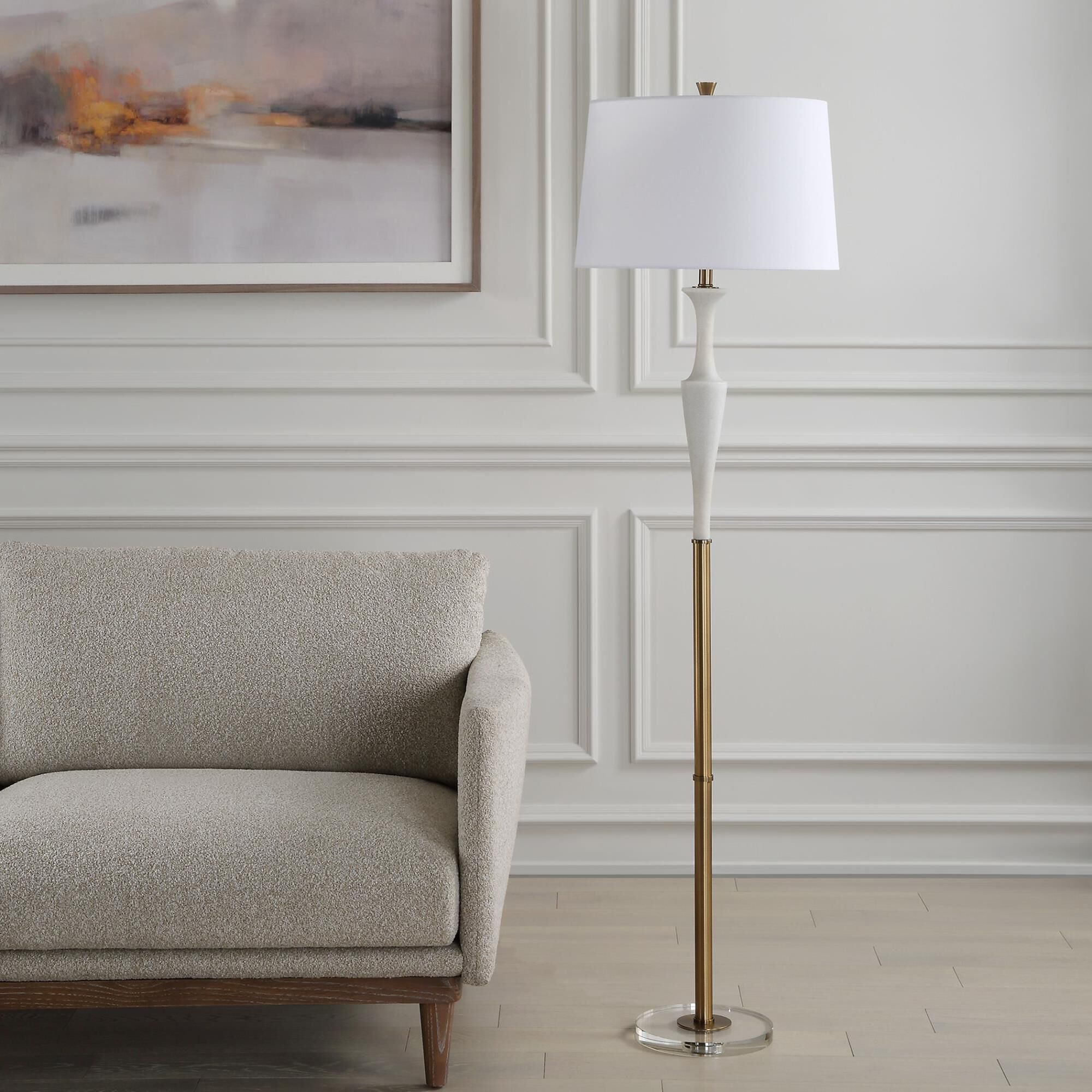 Shown in This Floor Lamp Adds An Air Of Elegance And Sophistication To Any Space. The Base Of The Lamp Is Cra finish and Round Hardback shade