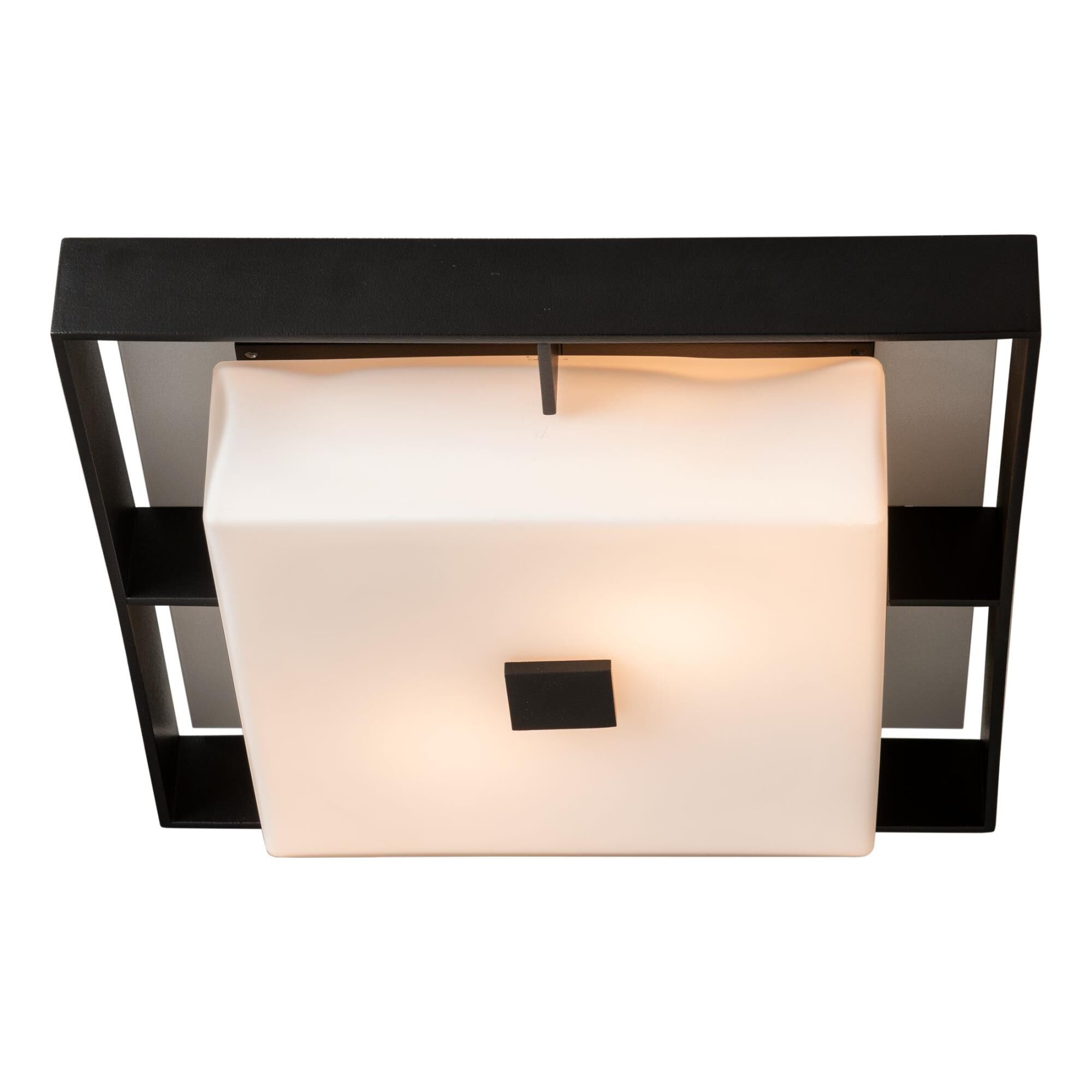 Shown in Coastal Black finish and Opal glass and Coastal Burnished Steel accent