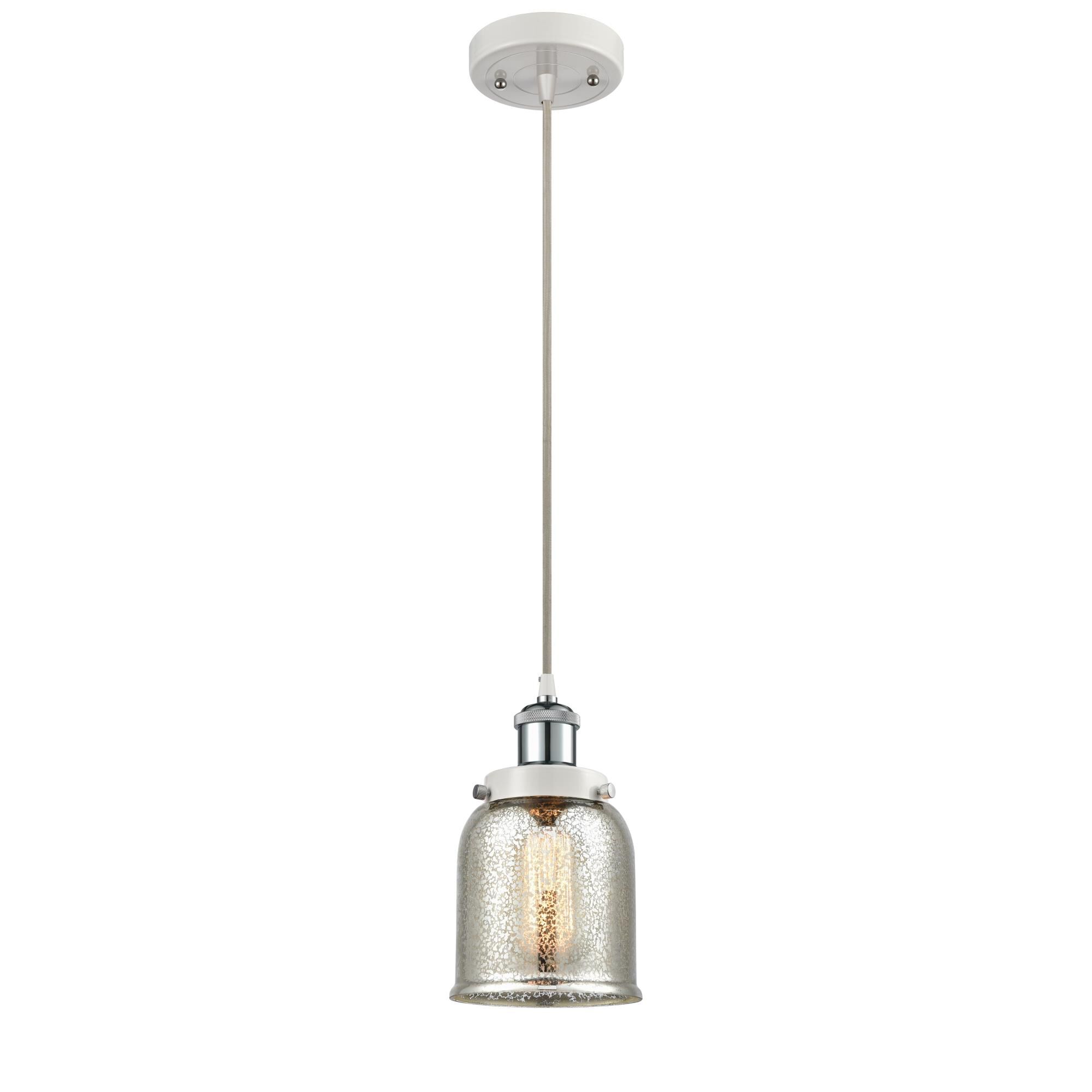 Shown in White And Polished Chrome finish and Silver Plated Mercury Small Bell glass and Polished Chrome accent