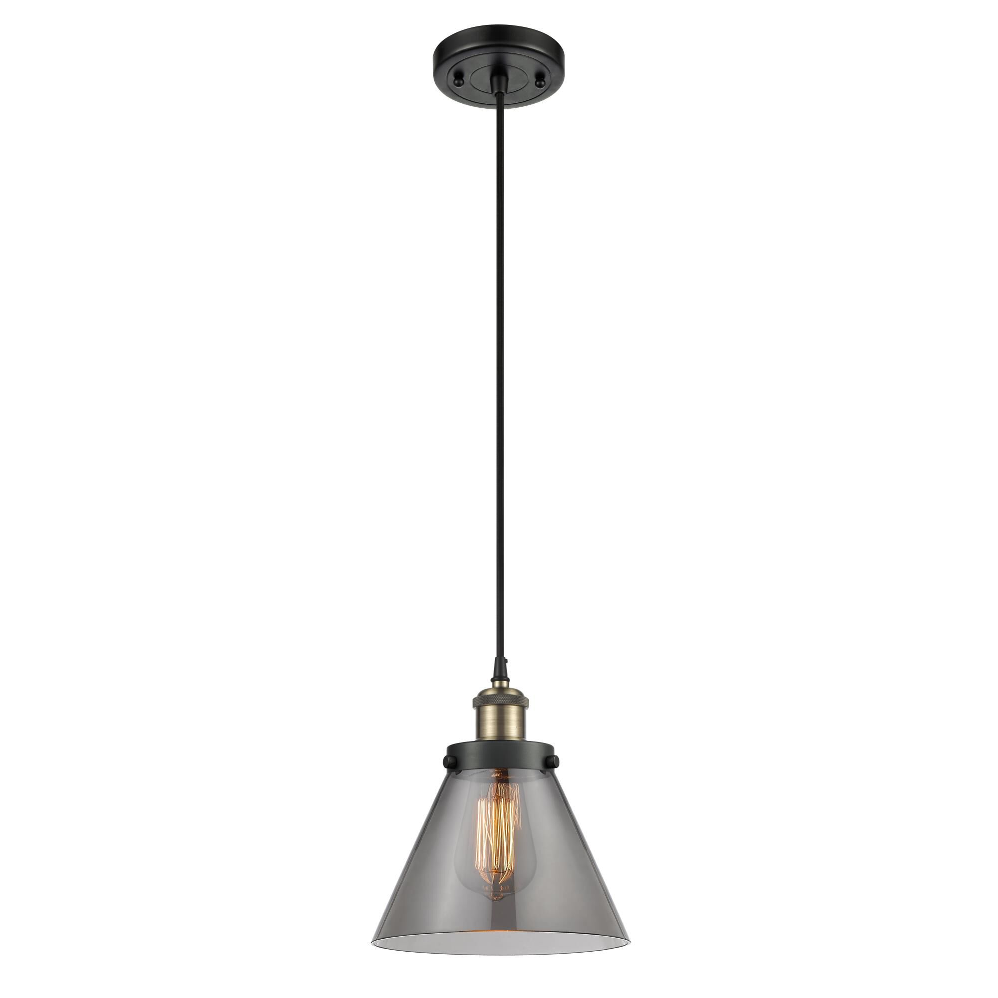 Shown in Black Antique Brass finish and Plated Smoke Large Cone glass