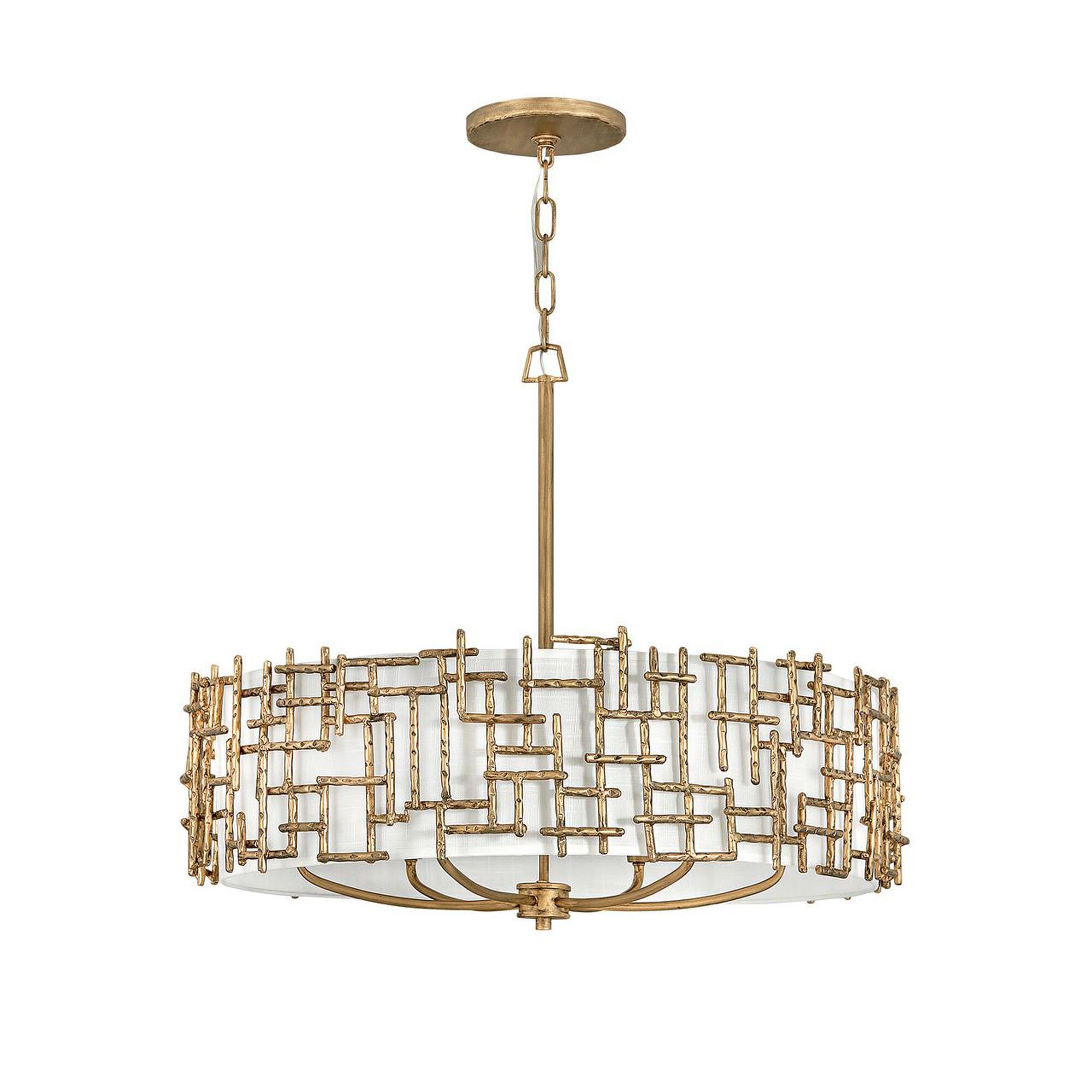 Shown in Burnished Gold finish and White Linen shade