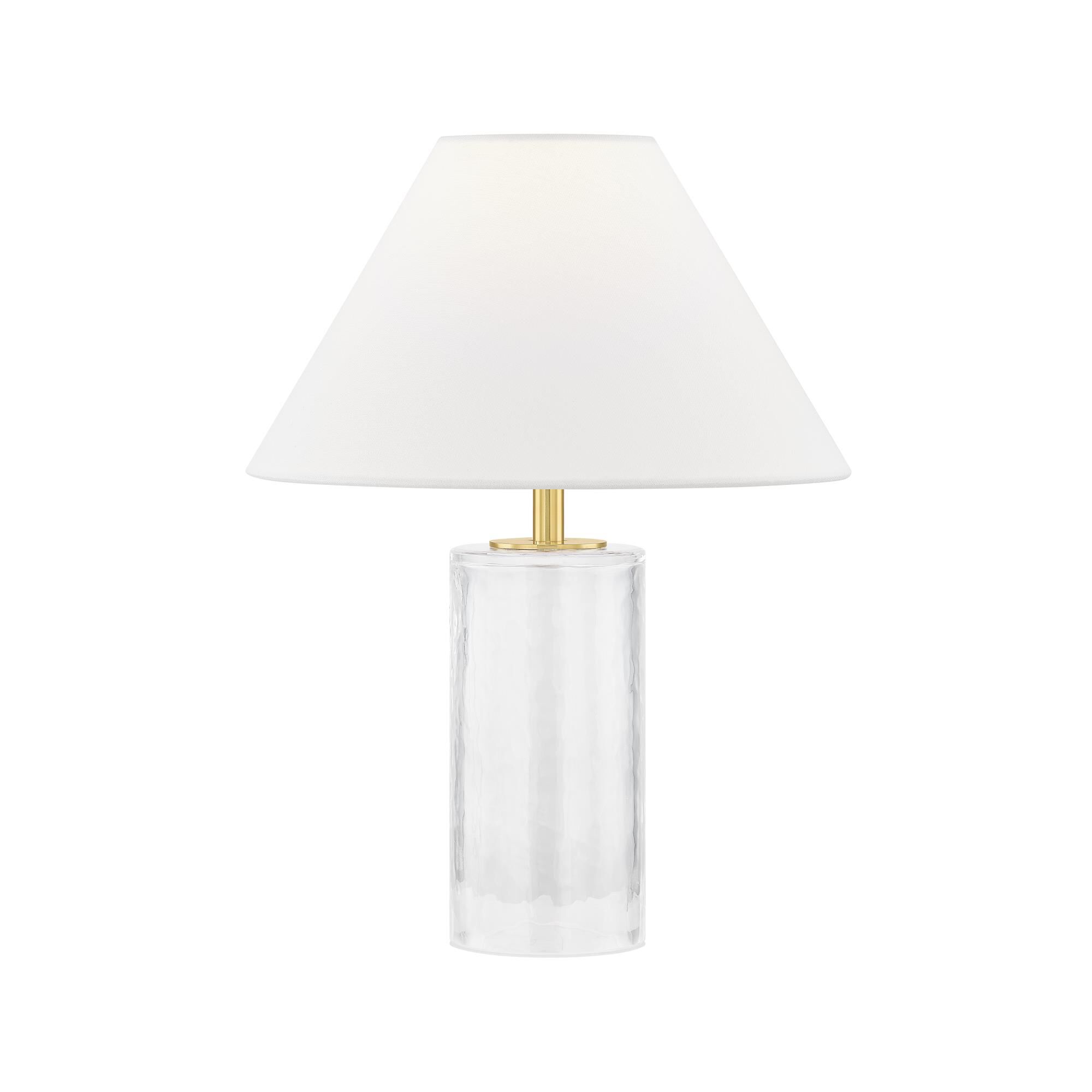 Shown in Aged Brass finish and White Linen shade