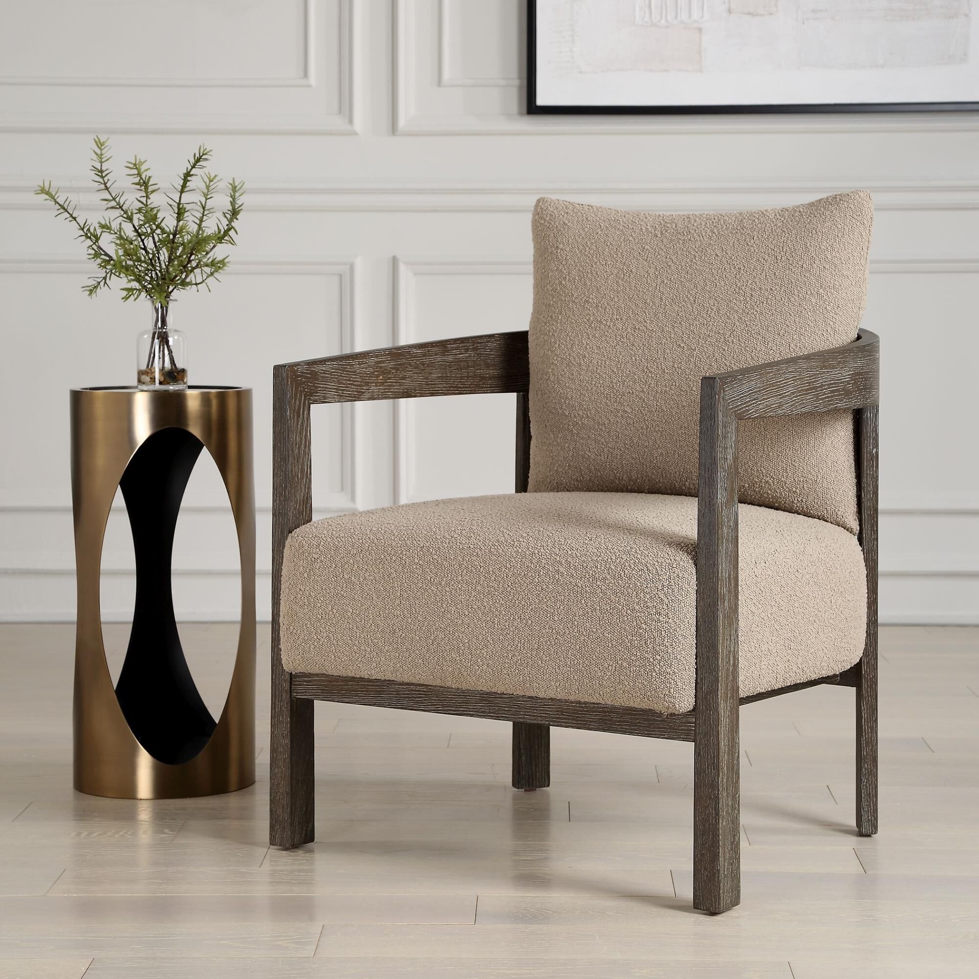 Shown in Sink Into The Comfort Of The Sienna Accent Chair. Modern Lines Of The Solid Oak Barrel Frame Are Sof finish