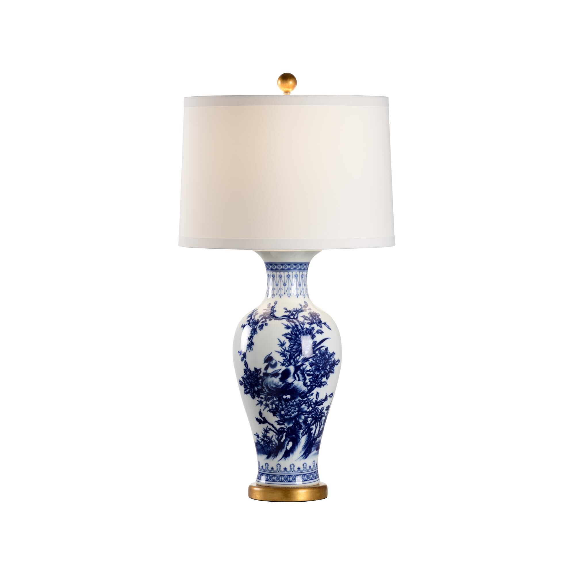 Shown in Blue/White Glaze/Antique Gold Leaf finish and Off White shade