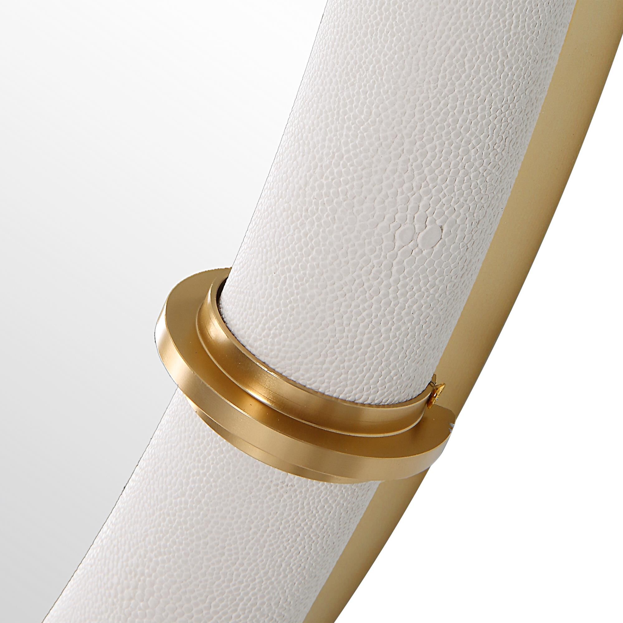 Shown in The Cyprus Round Mirror Showcases A White Faux Shagreen Leather Wrap Featuring Brass Plated Steel Ba finish