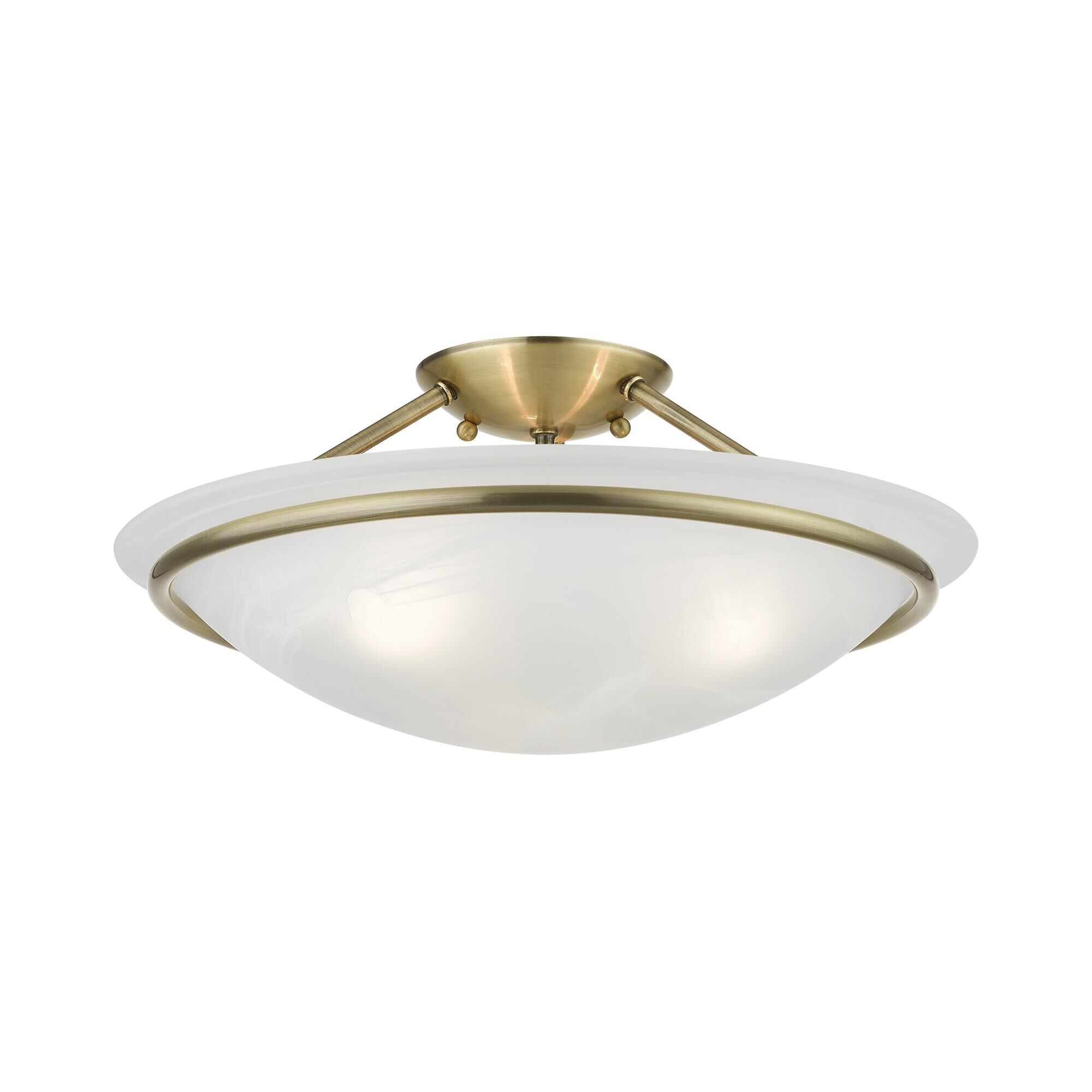 Shown in Antique Brass finish and White Alabaster glass and White Alabaster Glass shade