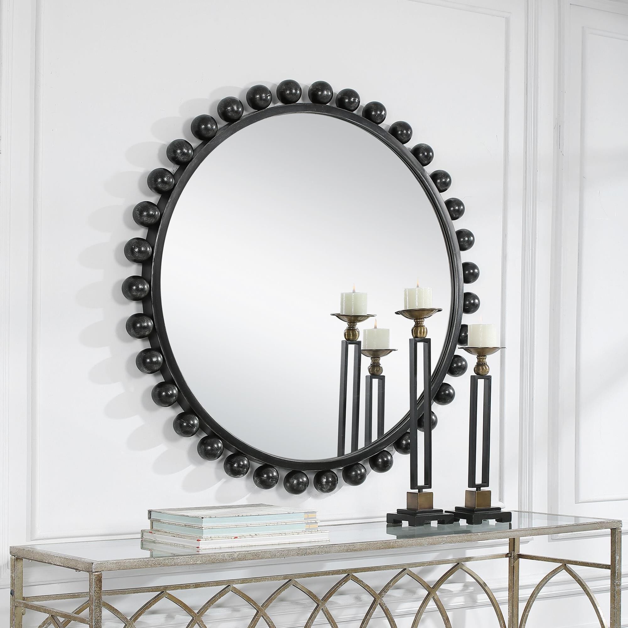 Shown in This Eye Catching Round Mirror Adds An Upscale Look And Sophisticated Style To Any Room By Showcasin finish