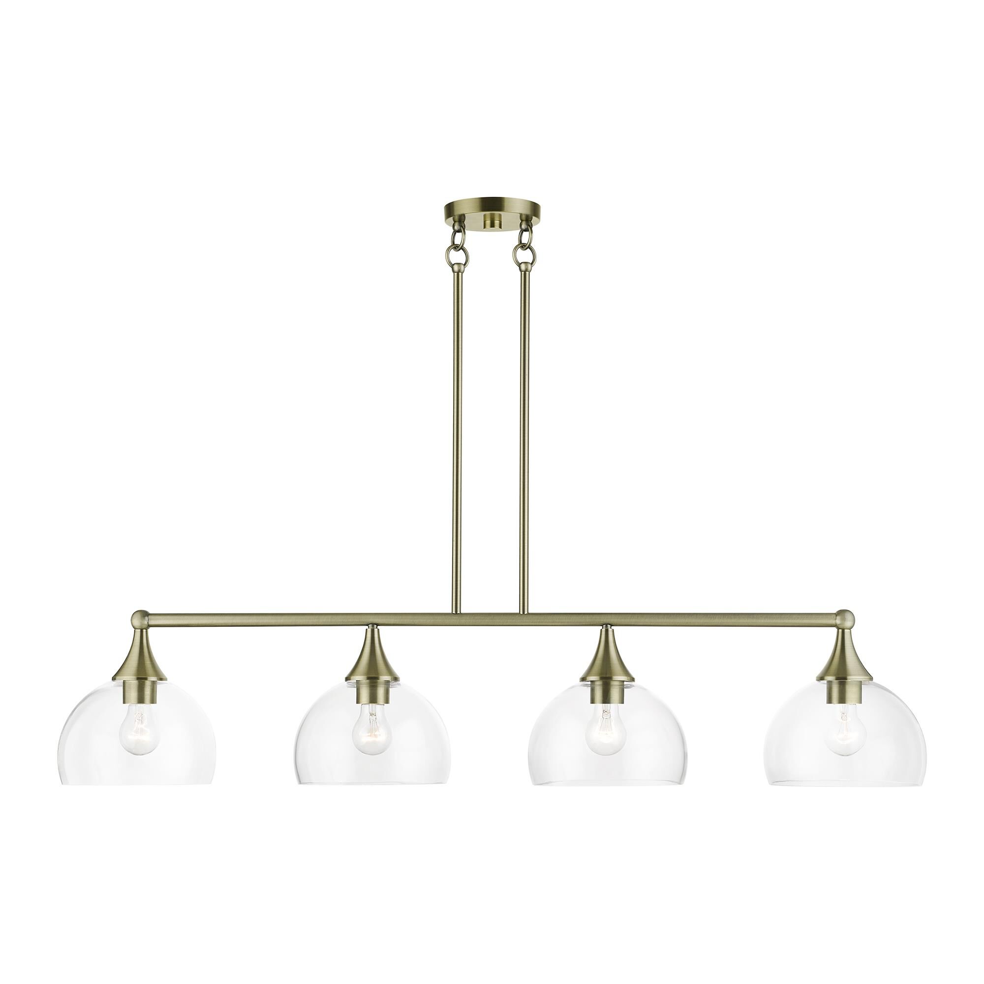 Shown in Antique Brass finish and Clear Hand Blown glass