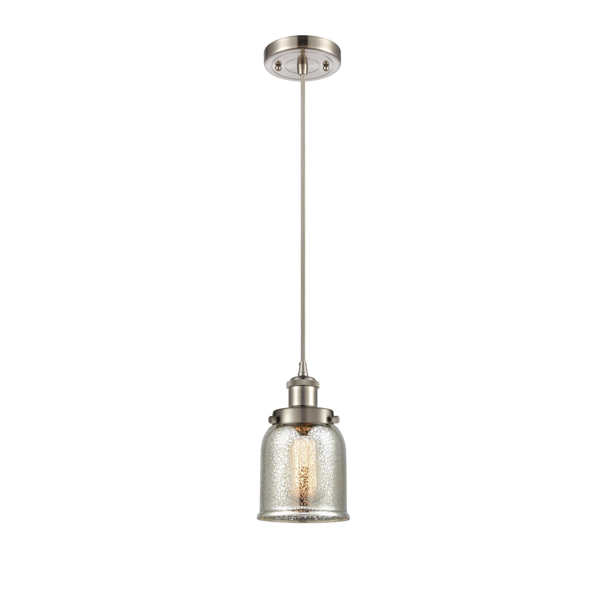 Shown in Brushed Satin Nickel finish and Silver Plated Mercury Small Bell glass and None shade