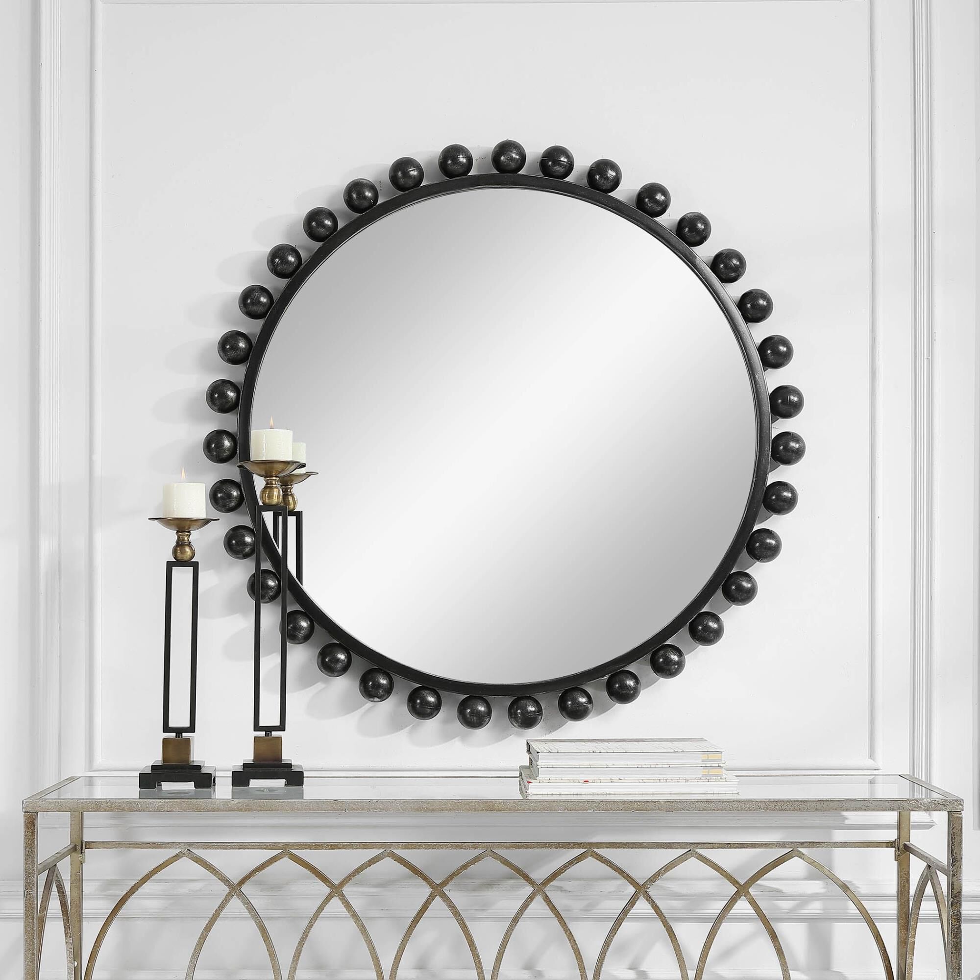 Shown in This Eye Catching Round Mirror Adds An Upscale Look And Sophisticated Style To Any Room By Showcasin finish