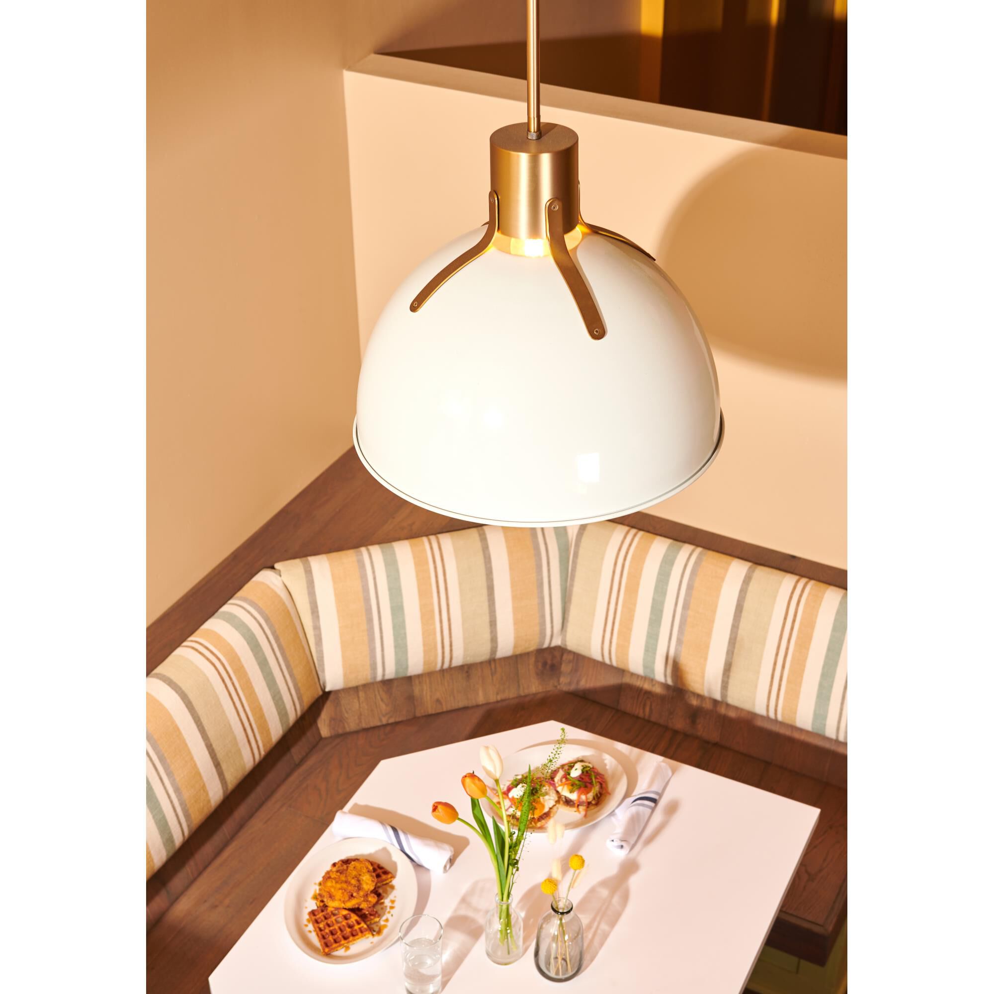 Shown in Polished White finish and Metal shade and Lacquered Brass accent