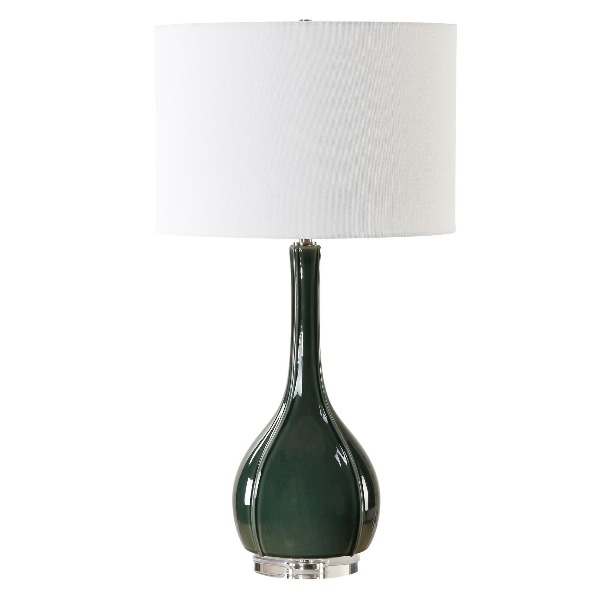 Shown in This Ceramic Fluted Base Is Adorned In A Hunter Green Crackled Glaze. This Sophisticated Table Lamp  finish and Round Drum Hardback shade