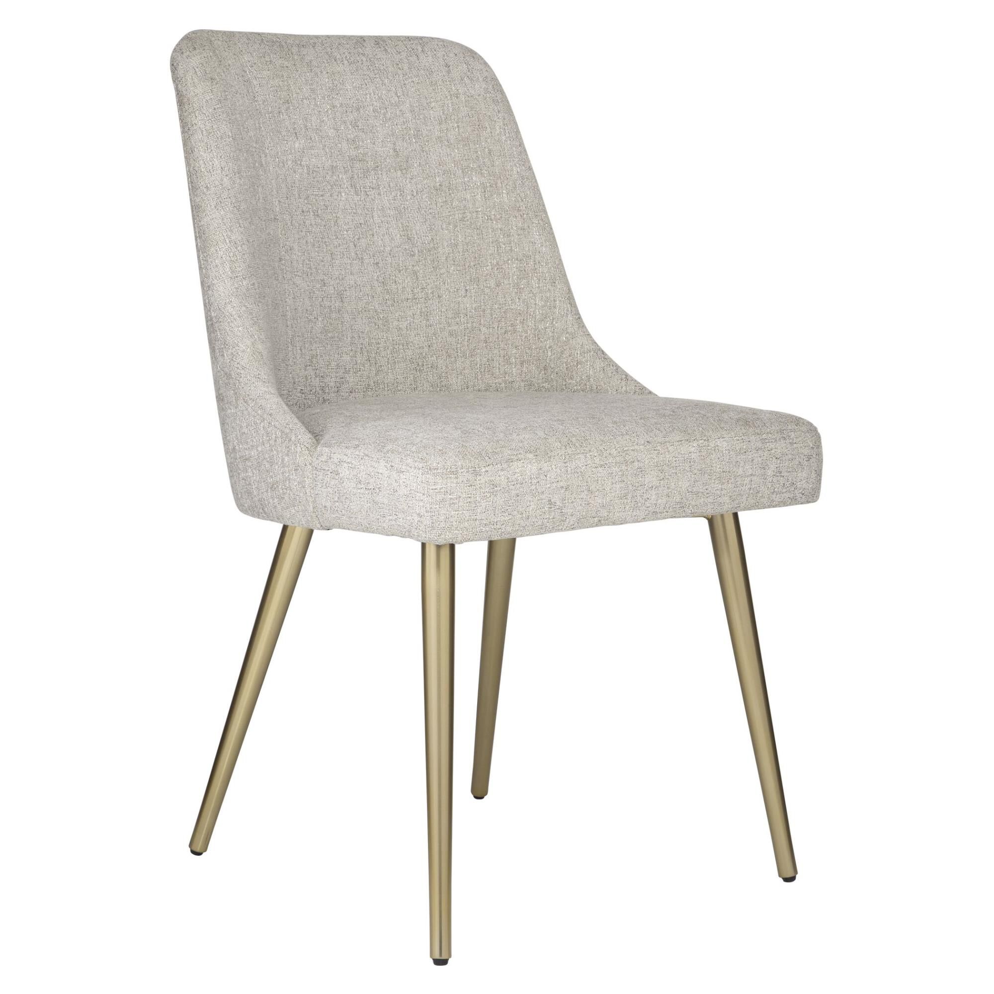 Shown in Gently Sloped Modern Lines Paired With Tapered Metal Legs In Brushed Gold. Upholstered In A Heathere finish