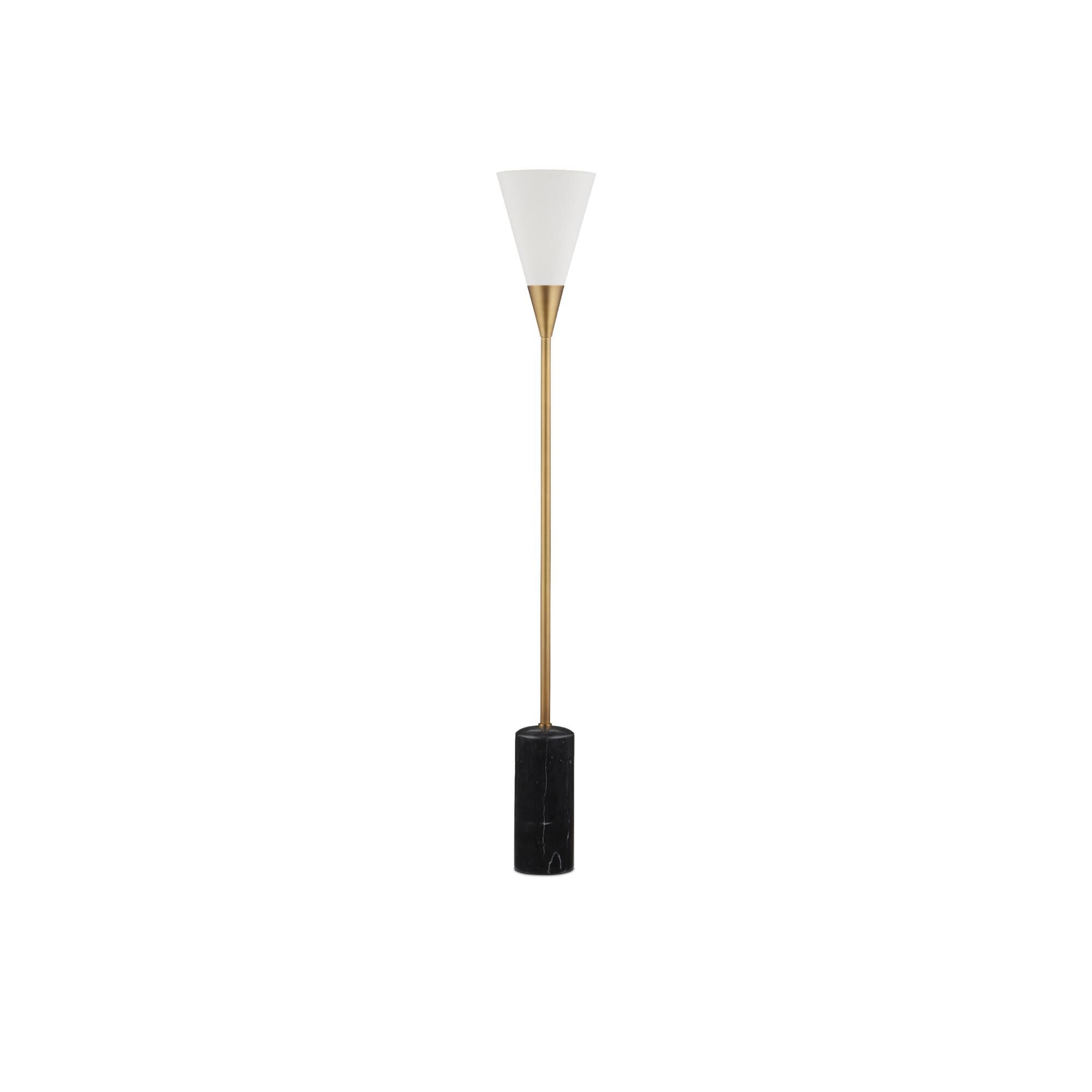 Shown in Black/Brushed Brass finish and Off-White Shantung shade