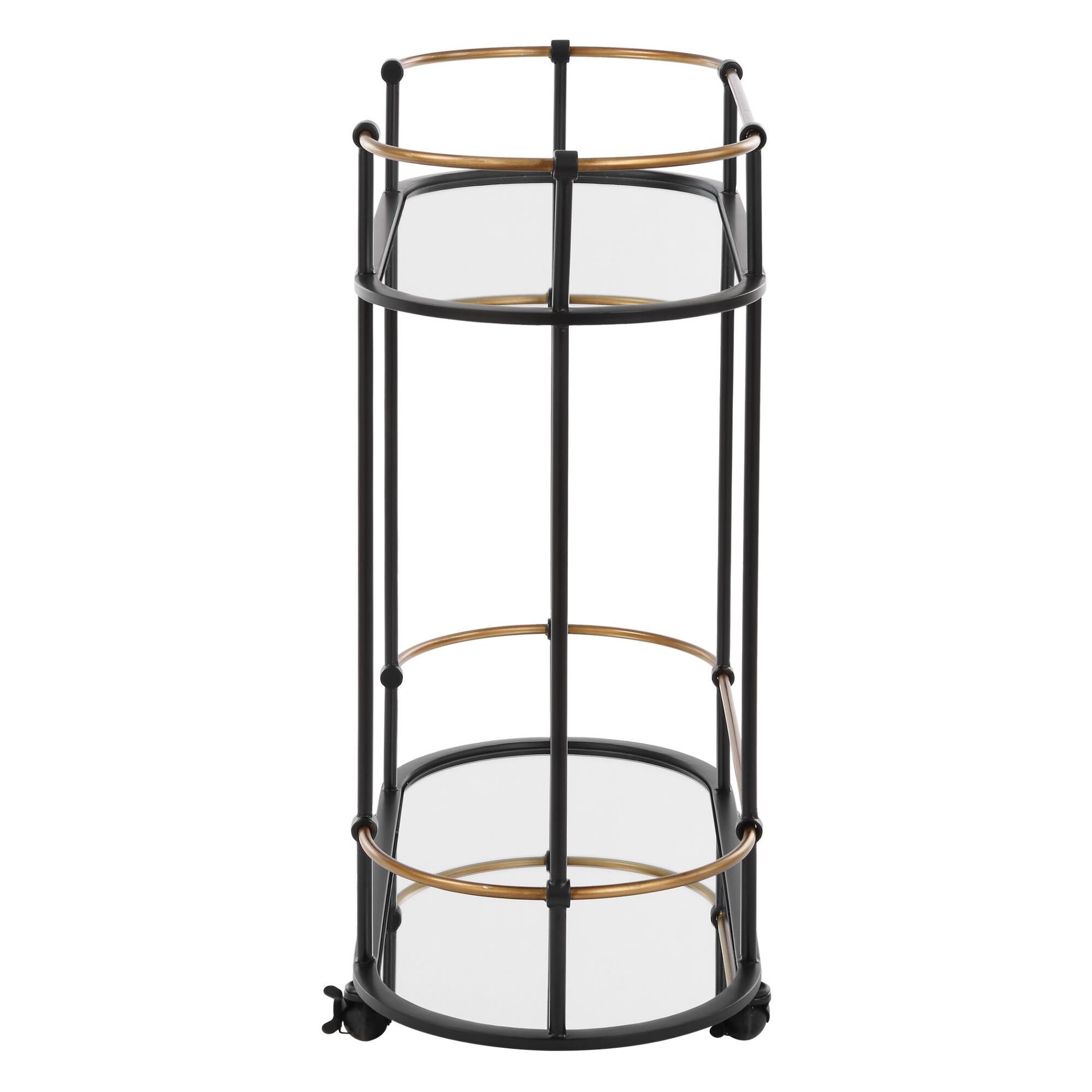 Shown in Highlighting A Clean Pill Shaped Design This Bar Cart Brags Of Satin Black Finished Iron Legs Accent finish