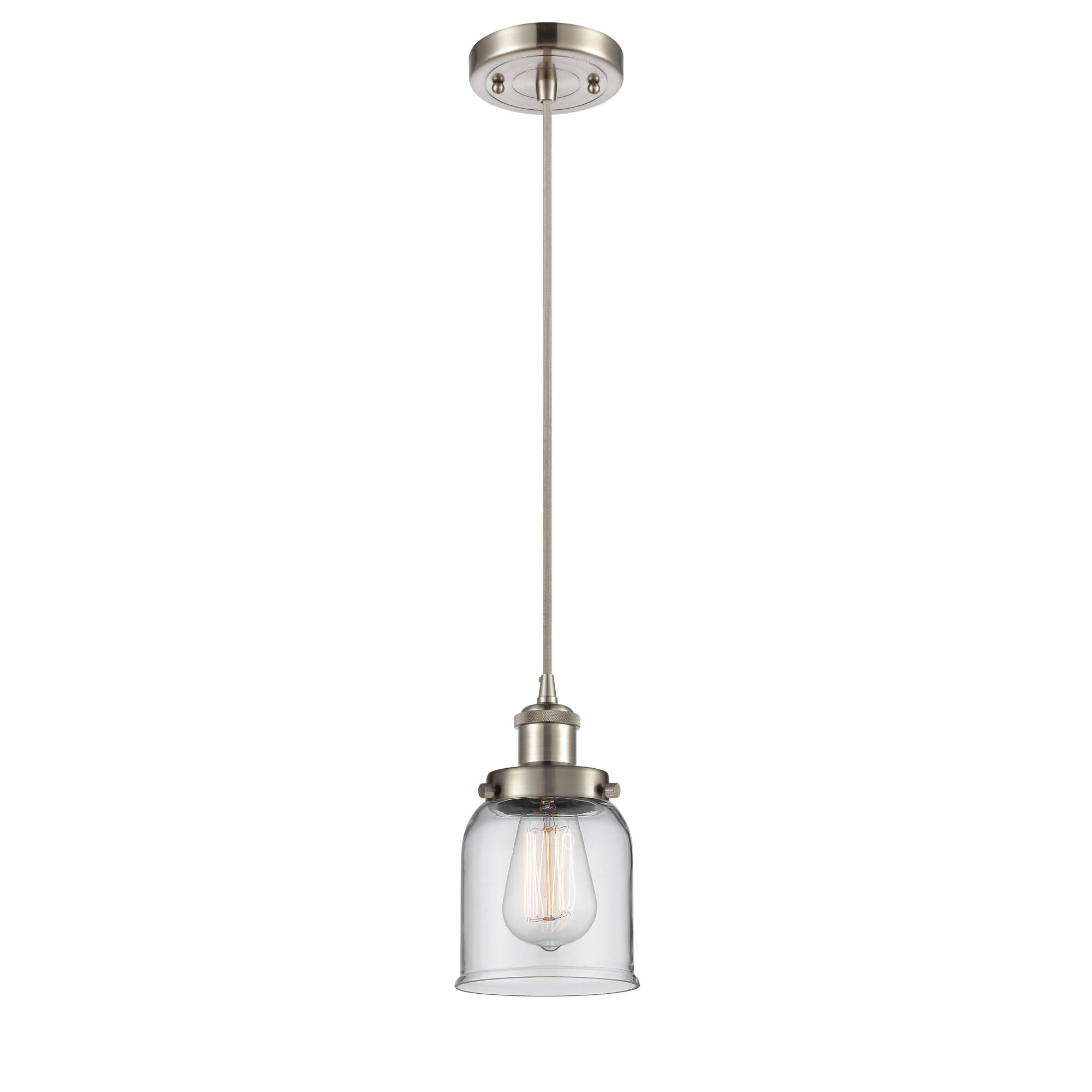 Shown in Brushed Satin Nickel finish and Clear Small Bell glass and None shade