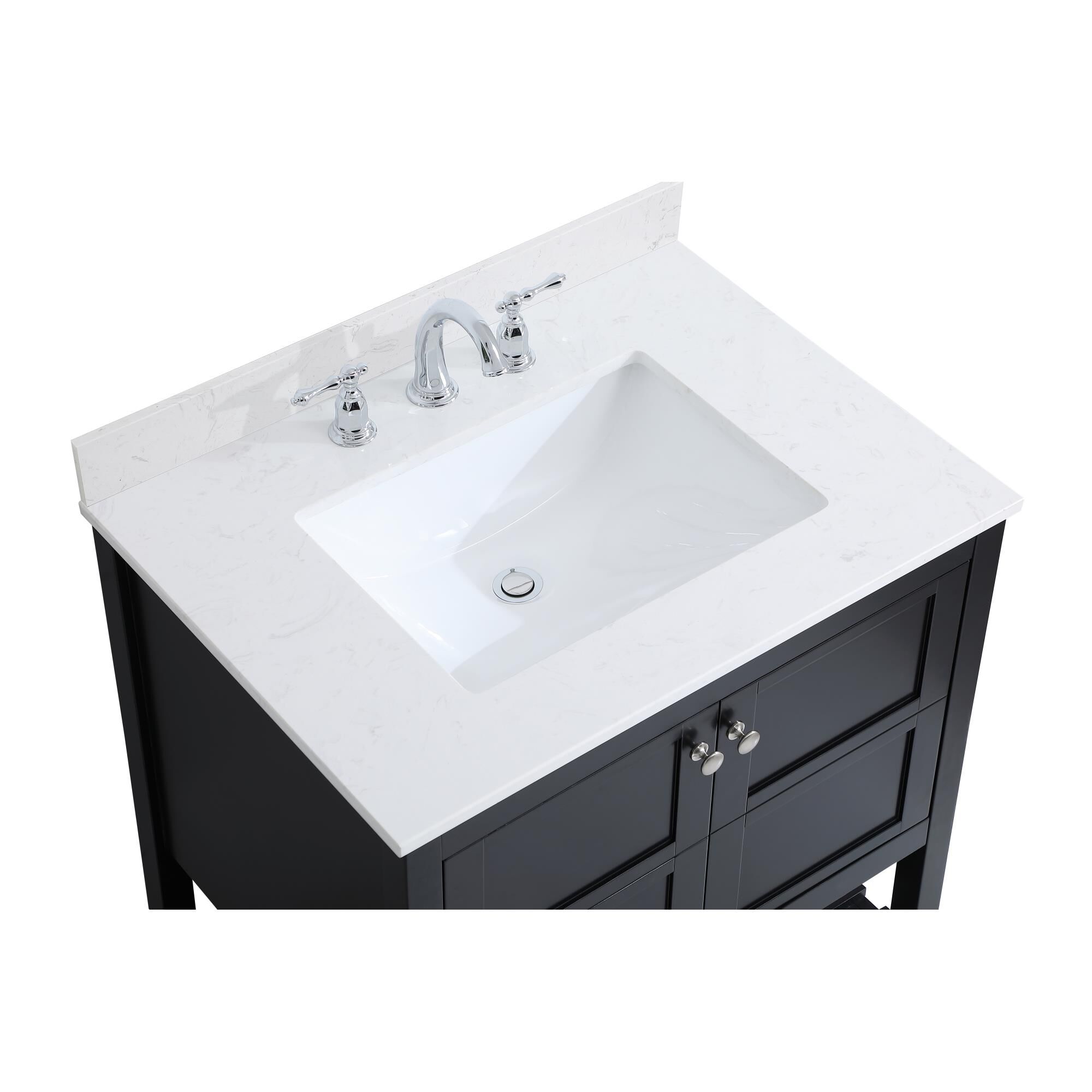 Shown in Black And Brushed Nickel With Calacatta Quartz finish