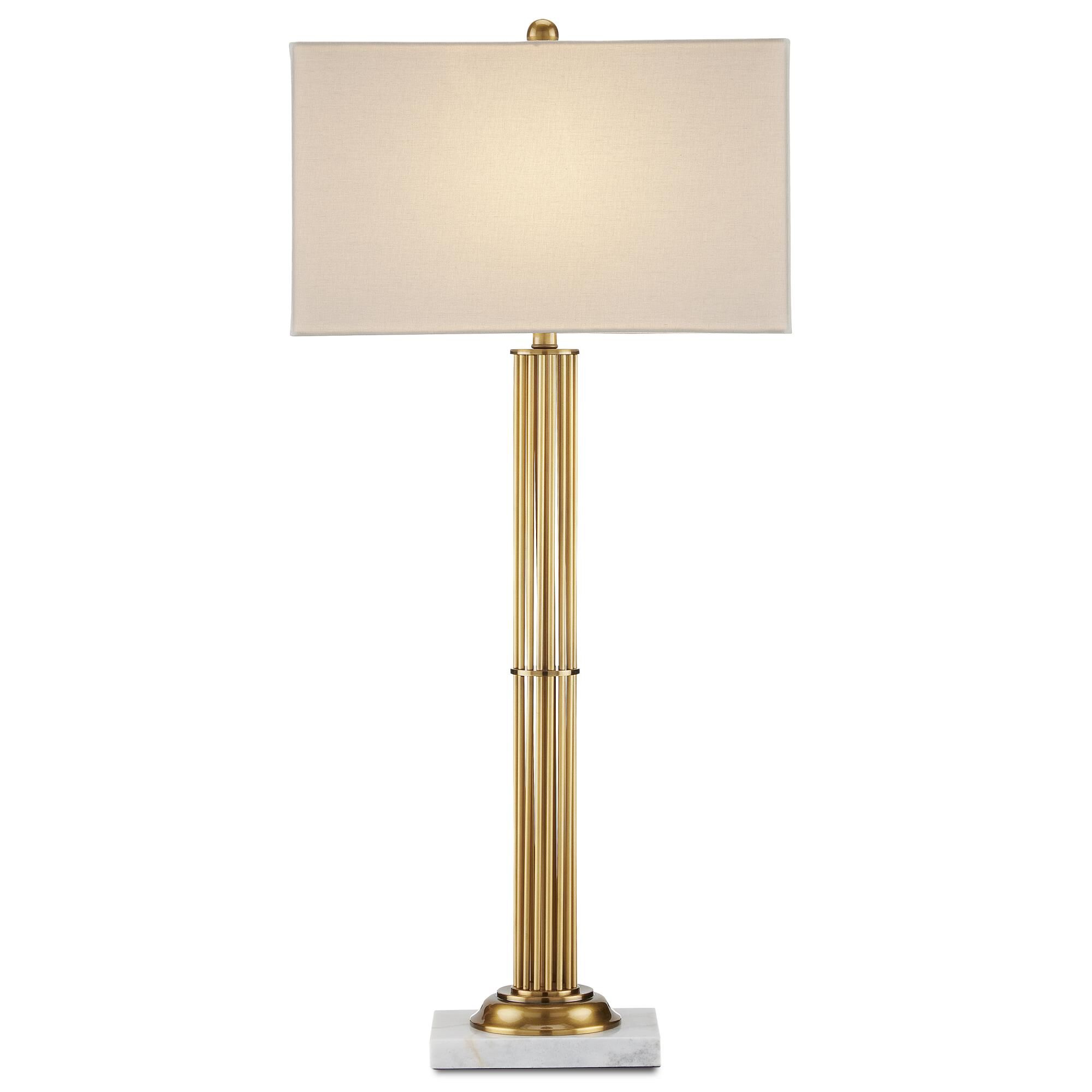 Shown in Antique Brass and White Marble finish and Bone Linen shade