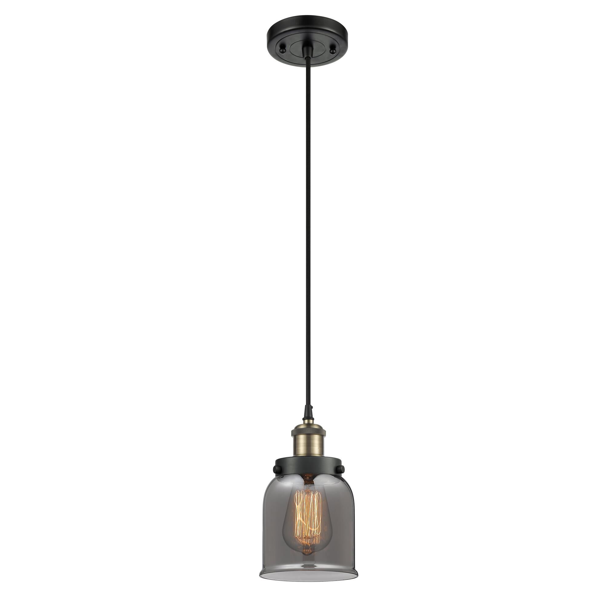 Shown in Black Antique Brass finish and Plated Smoke Small Bell glass