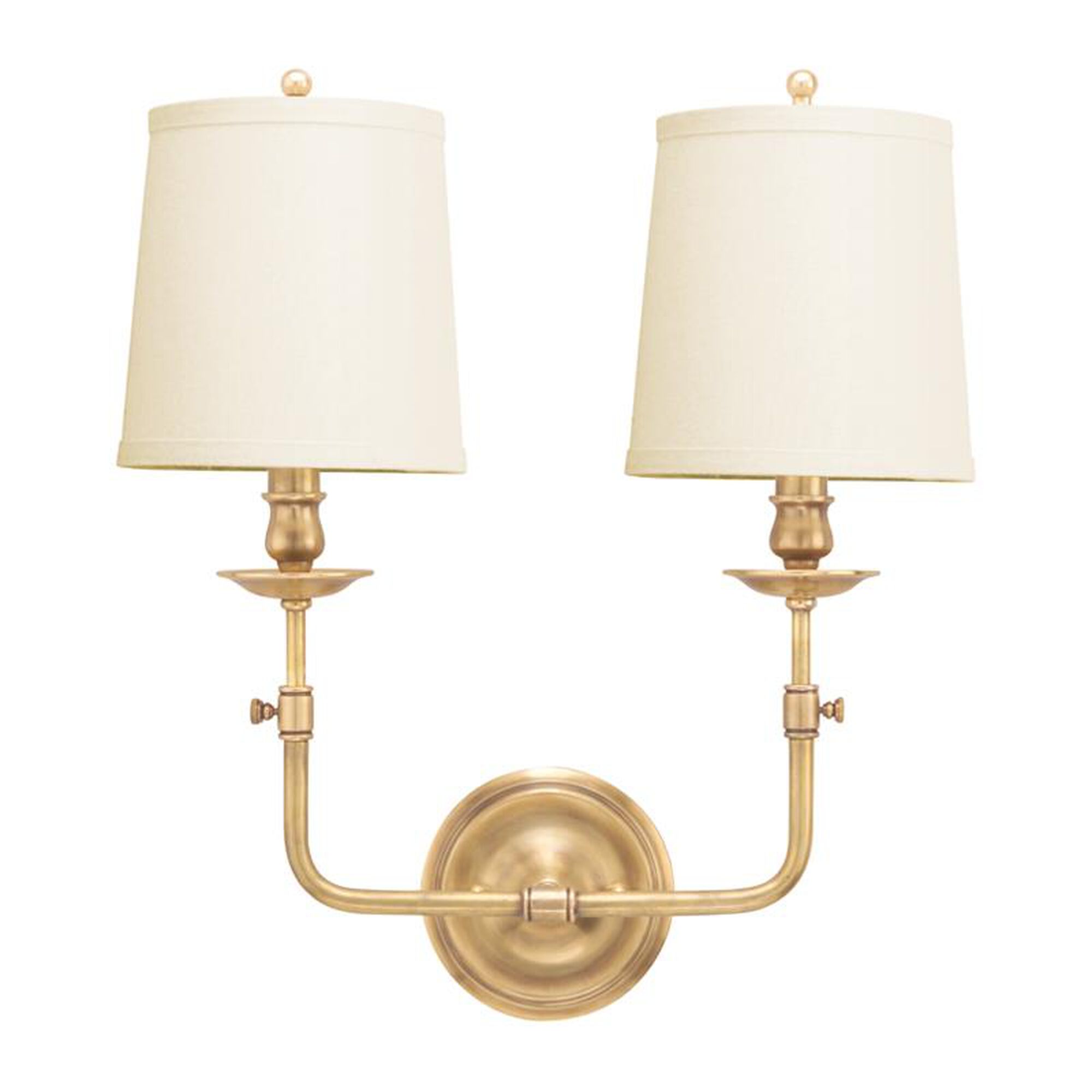 Shown in Aged Brass finish and Off White Linen shade