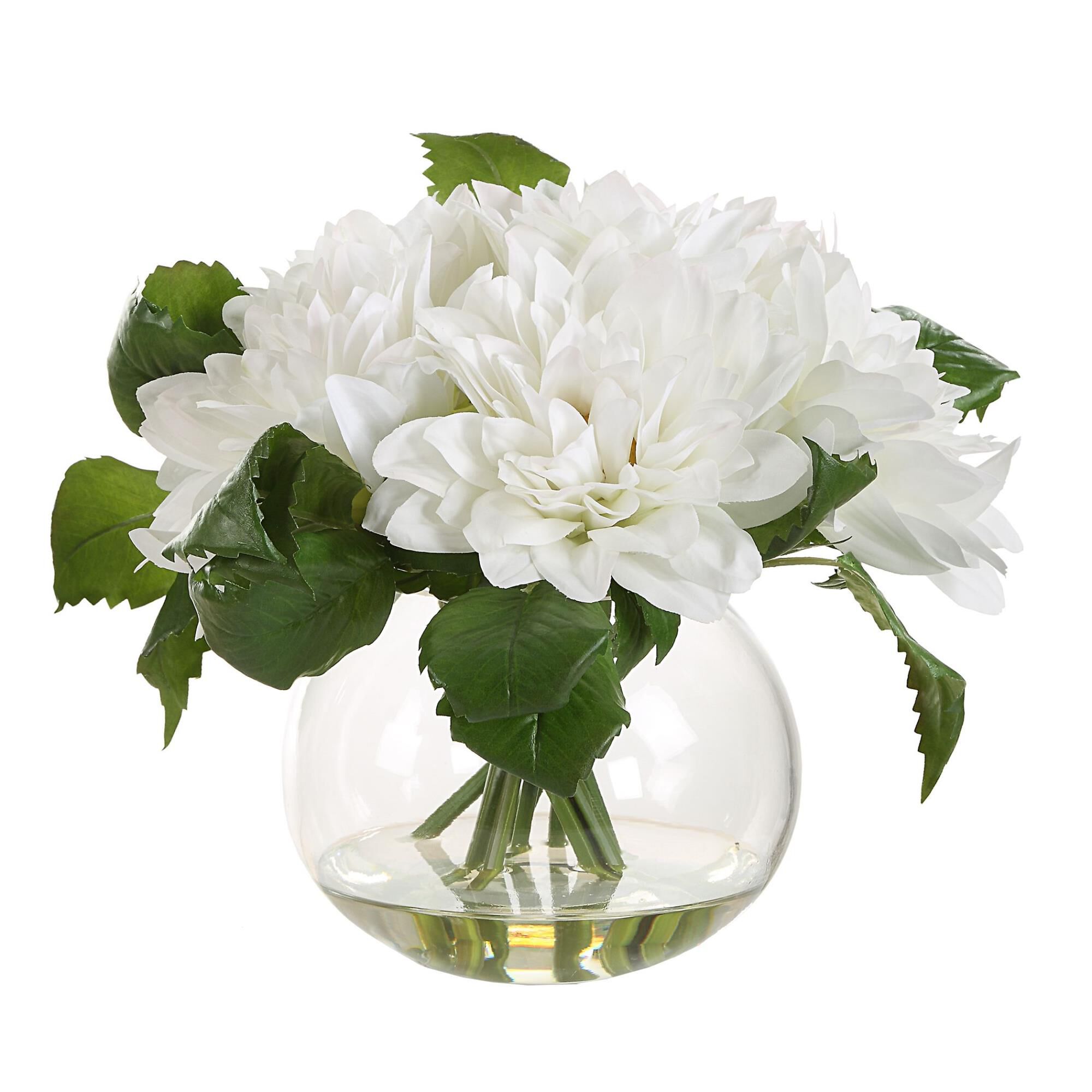 Shown in A Lush Bunch Of Pure White Dahlias In Clear Glass With Faux Water, As If Freshly Cut And Effortlessl finish