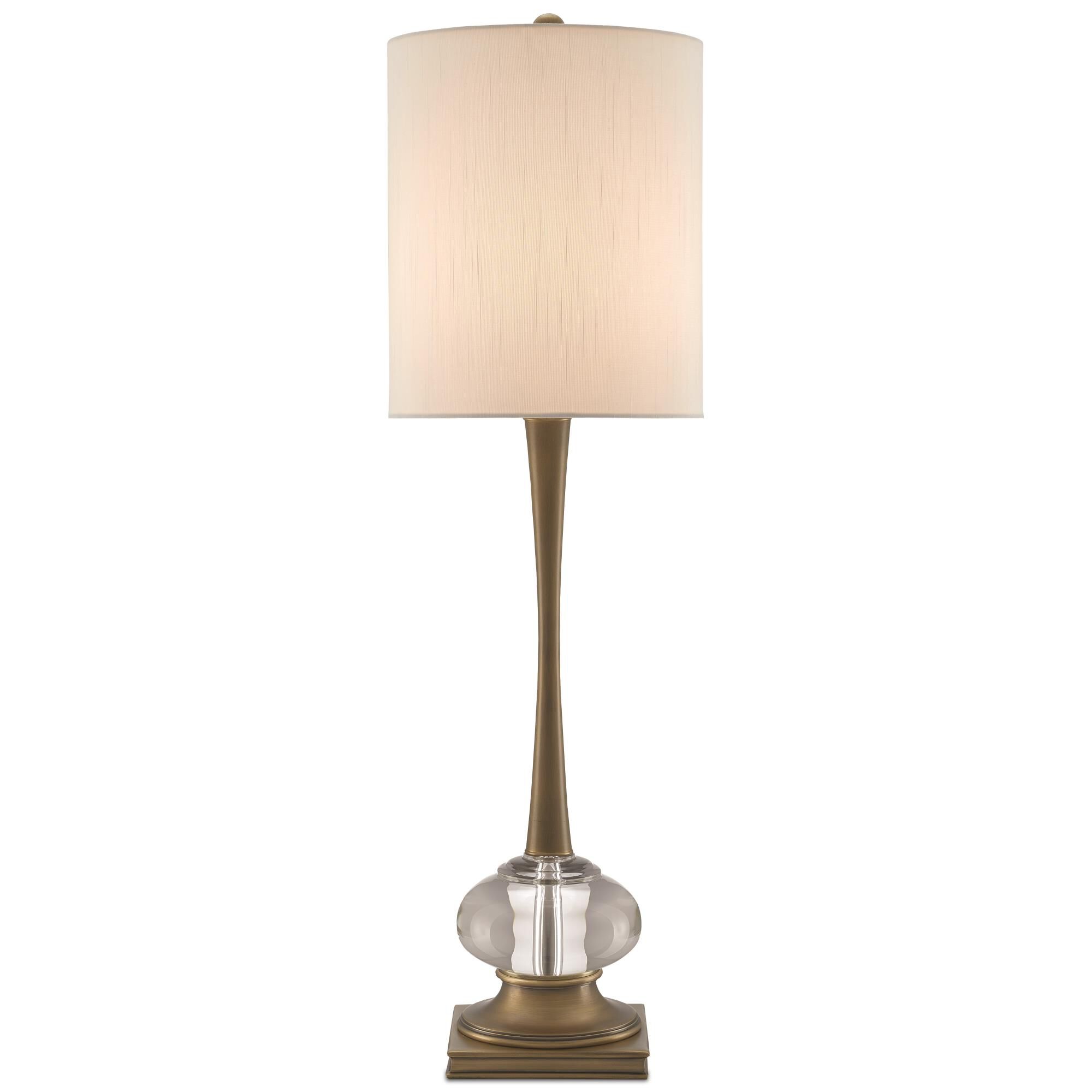 Shown in Antique Brass-Clear finish and Off White Shantung shade