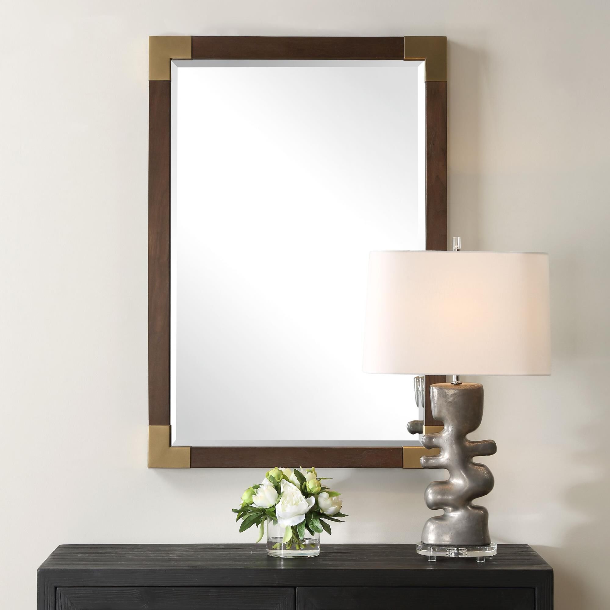 Shown in Embrace Timeless Elegance With Our Solid Wood-Framed Mirror, Finished In An Aged Walnut Veneer. Each finish