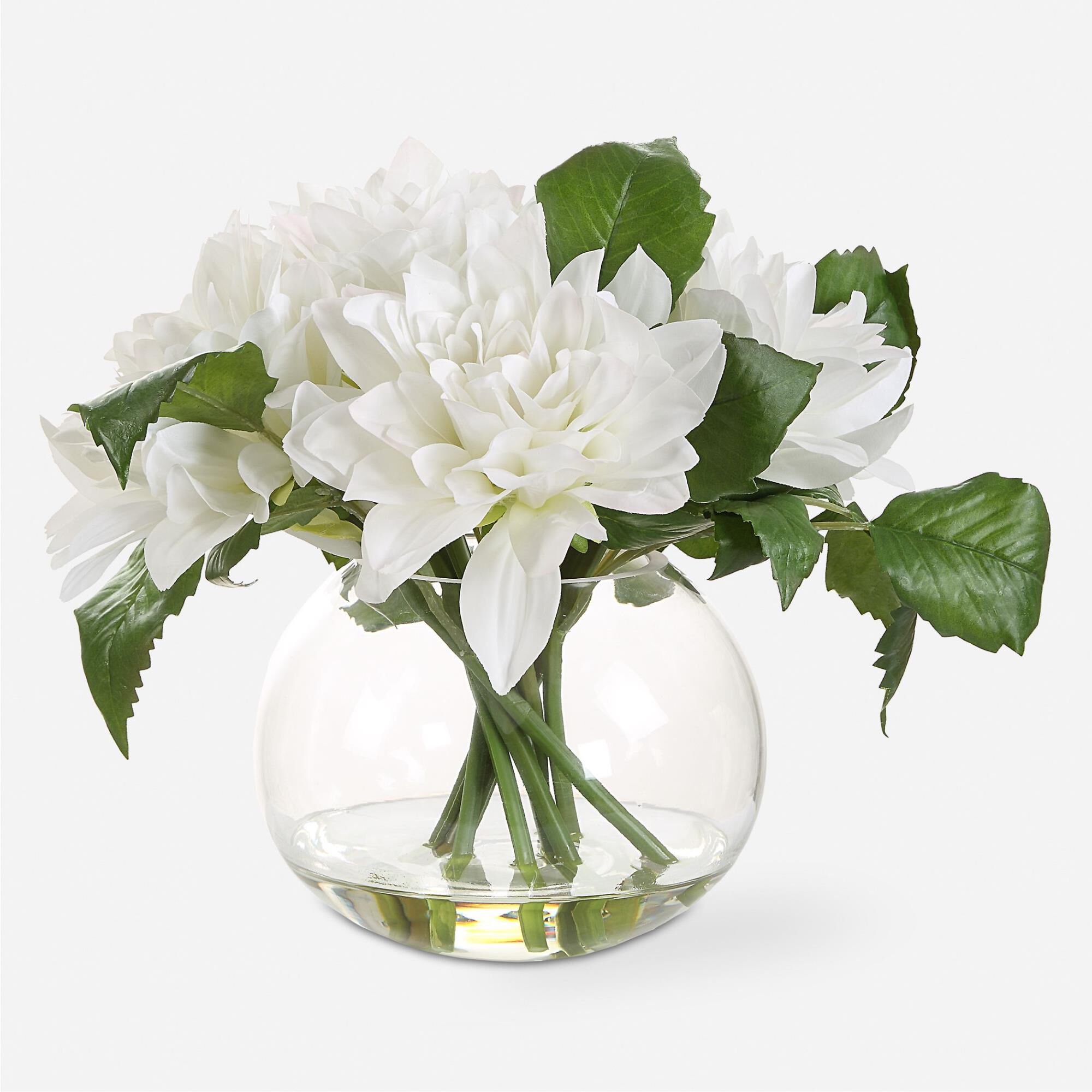 Shown in A Lush Bunch Of Pure White Dahlias In Clear Glass With Faux Water, As If Freshly Cut And Effortlessl finish