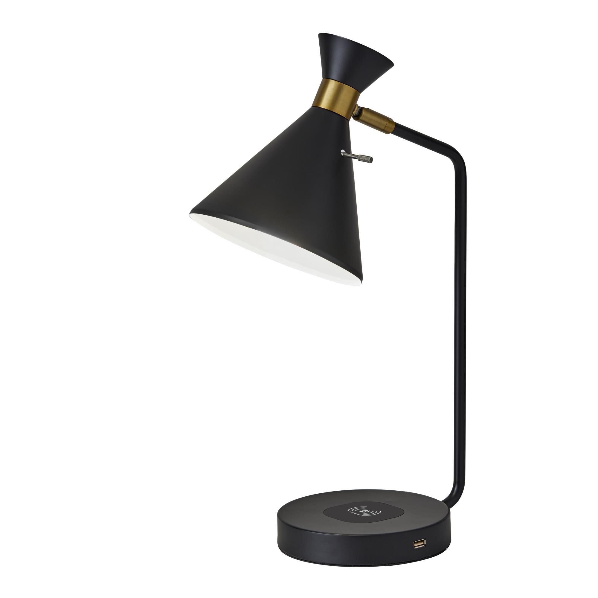 Shown in Matte Black W. Antique Brass Accents finish and Matte Black shade