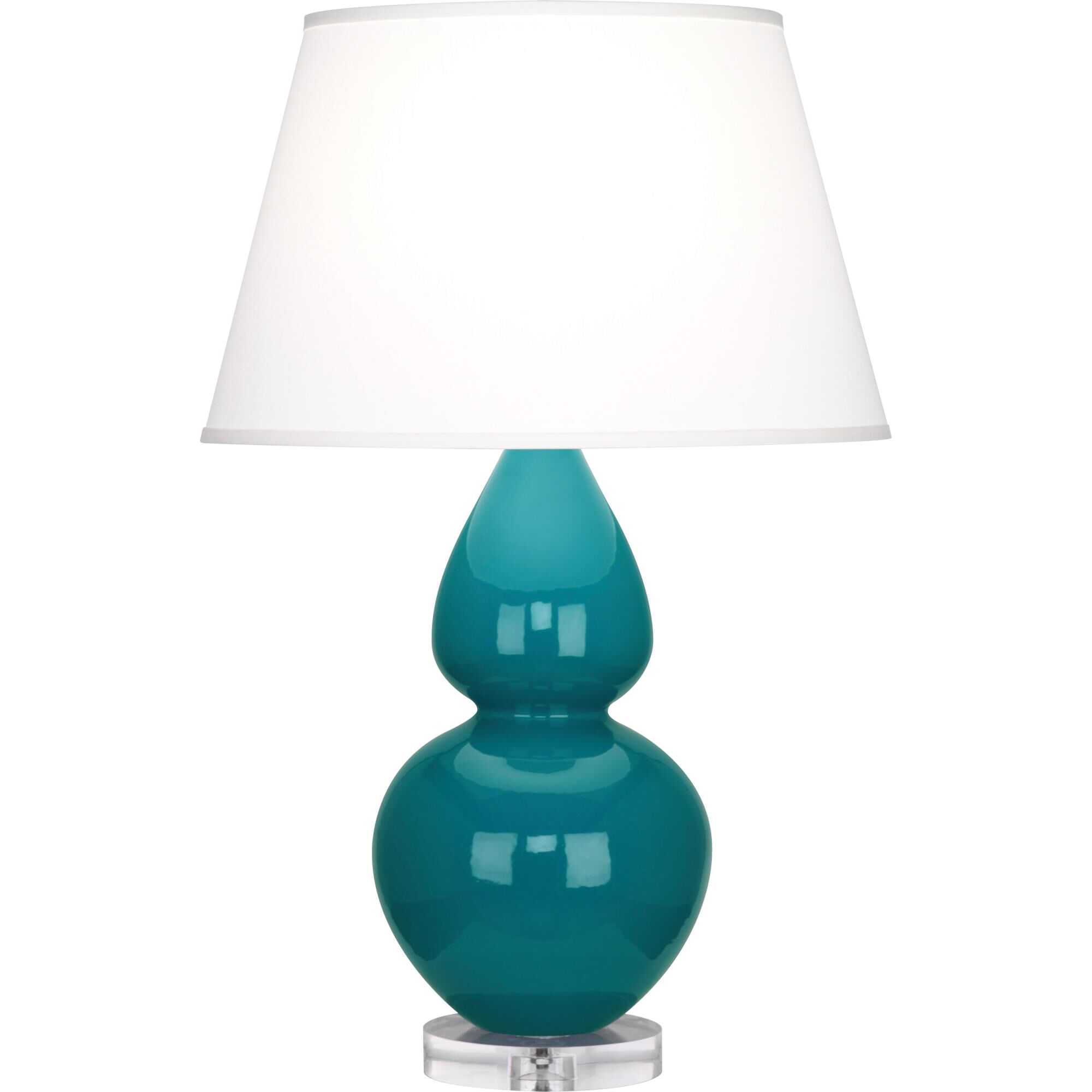 Shown in Peacock Glazed Ceramic With Lucite Base finish and Pearl Dupioni Fabric shade