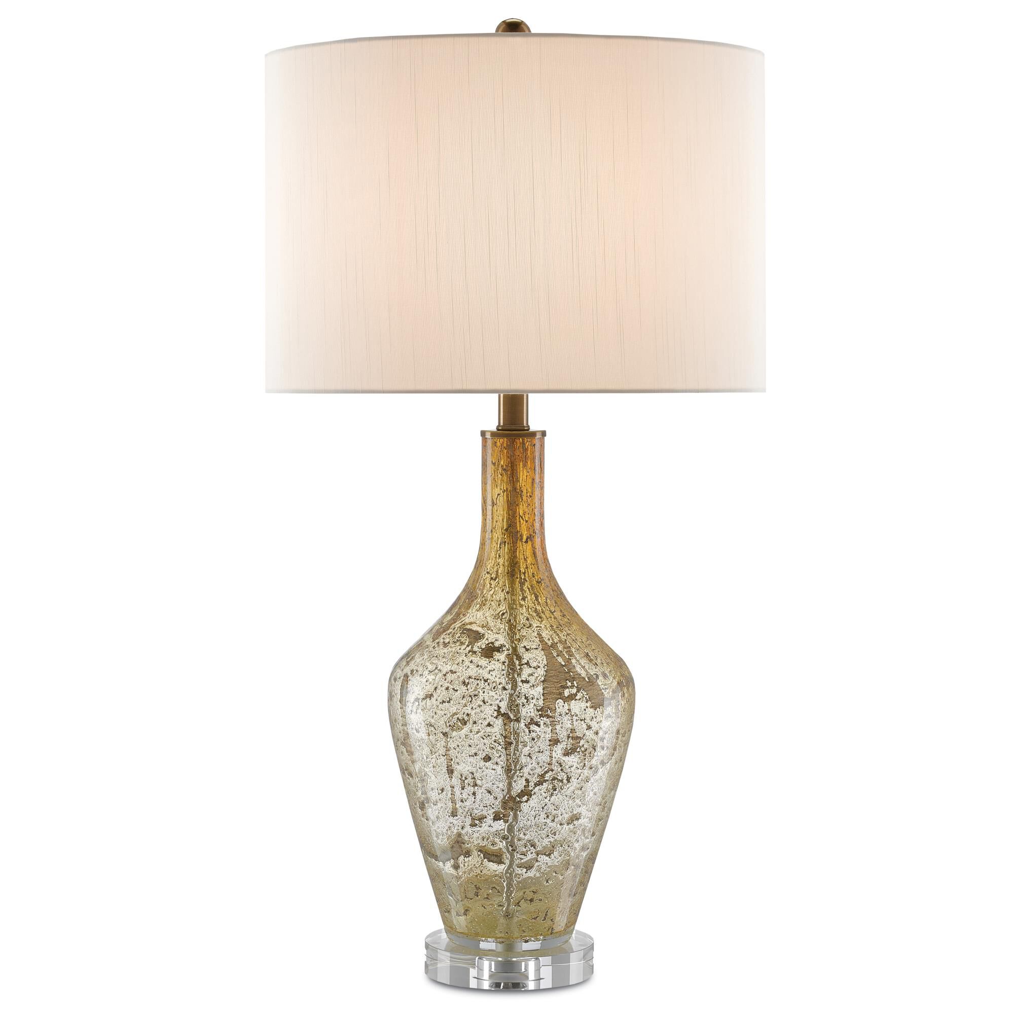 Shown in Champagne Speckled Glass-Clear finish and Eggshell Shantung shade