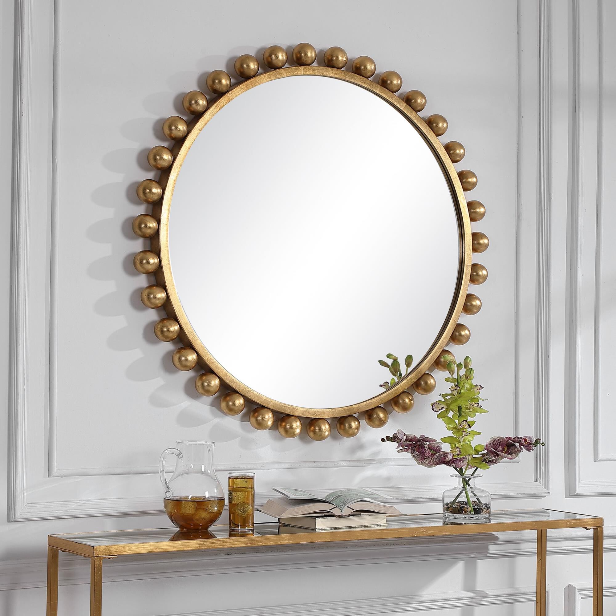 Shown in This Eye Catching Round Mirror Adds An Upscale Look And Sophisticated Style To Any Room By Showcasin finish