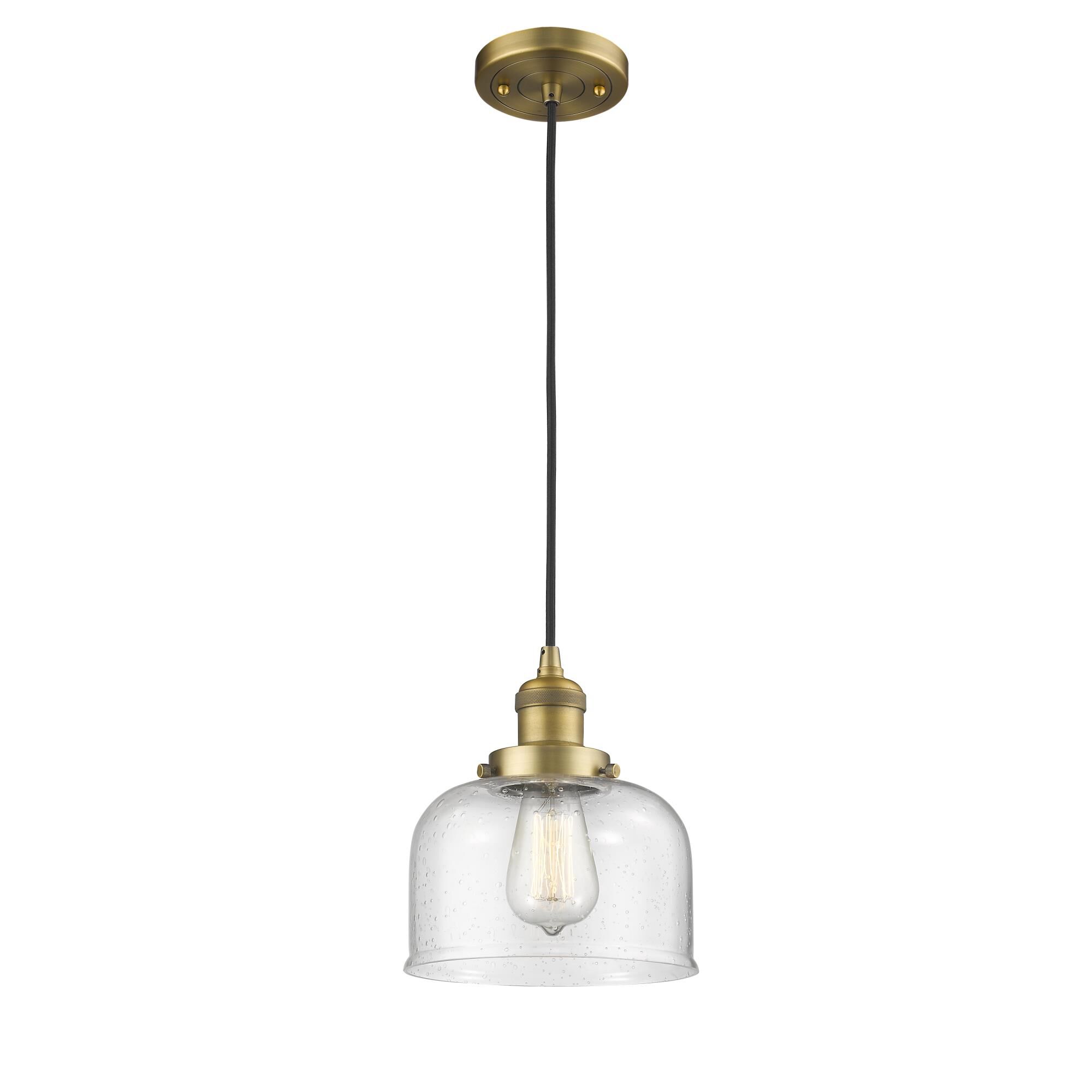 Shown in Brushed Brass finish and Seedy glass