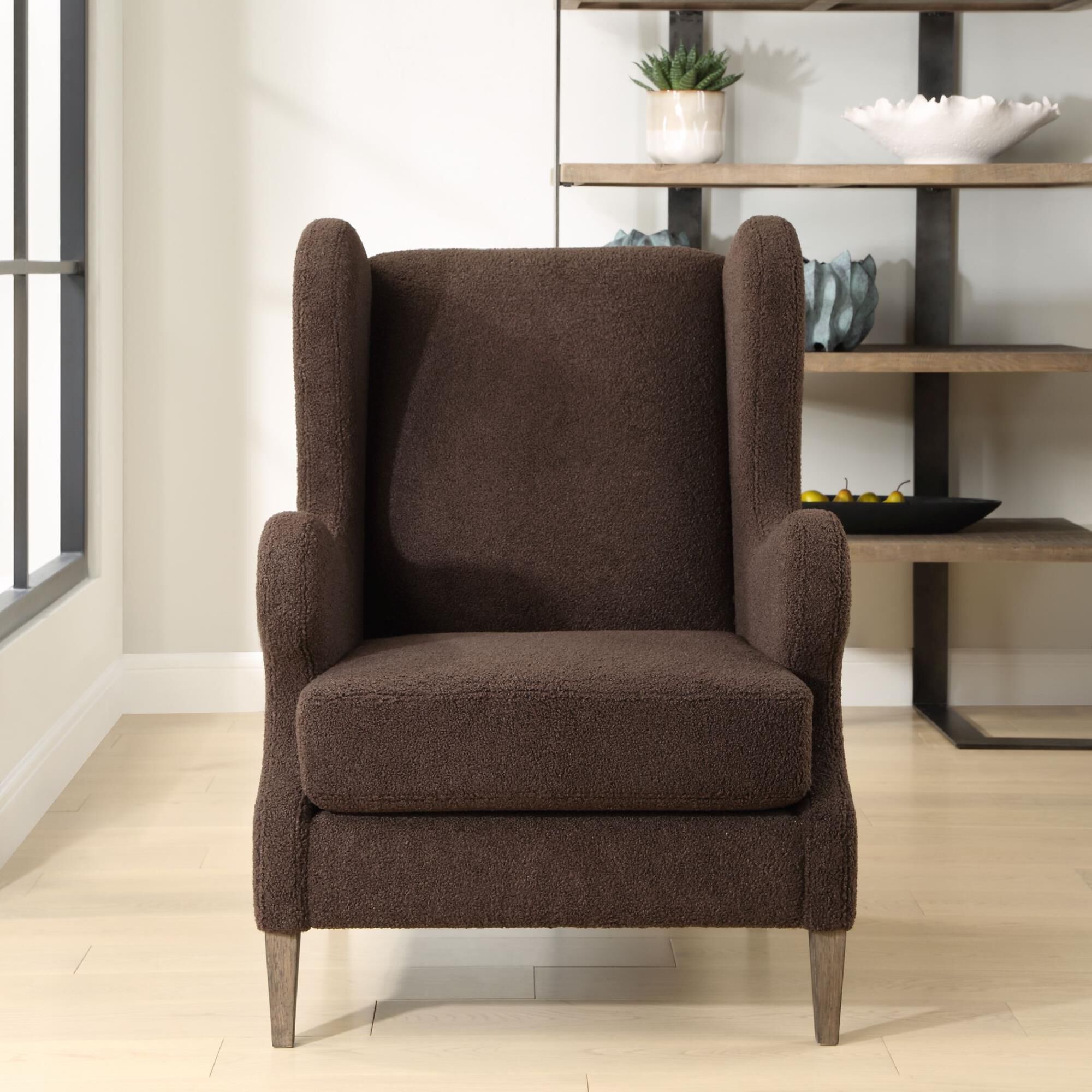 Shown in A Classic Wingback Chair With A Modern Twist. Dramatic Curved Lines Are Accentuated By The Rich Choc finish