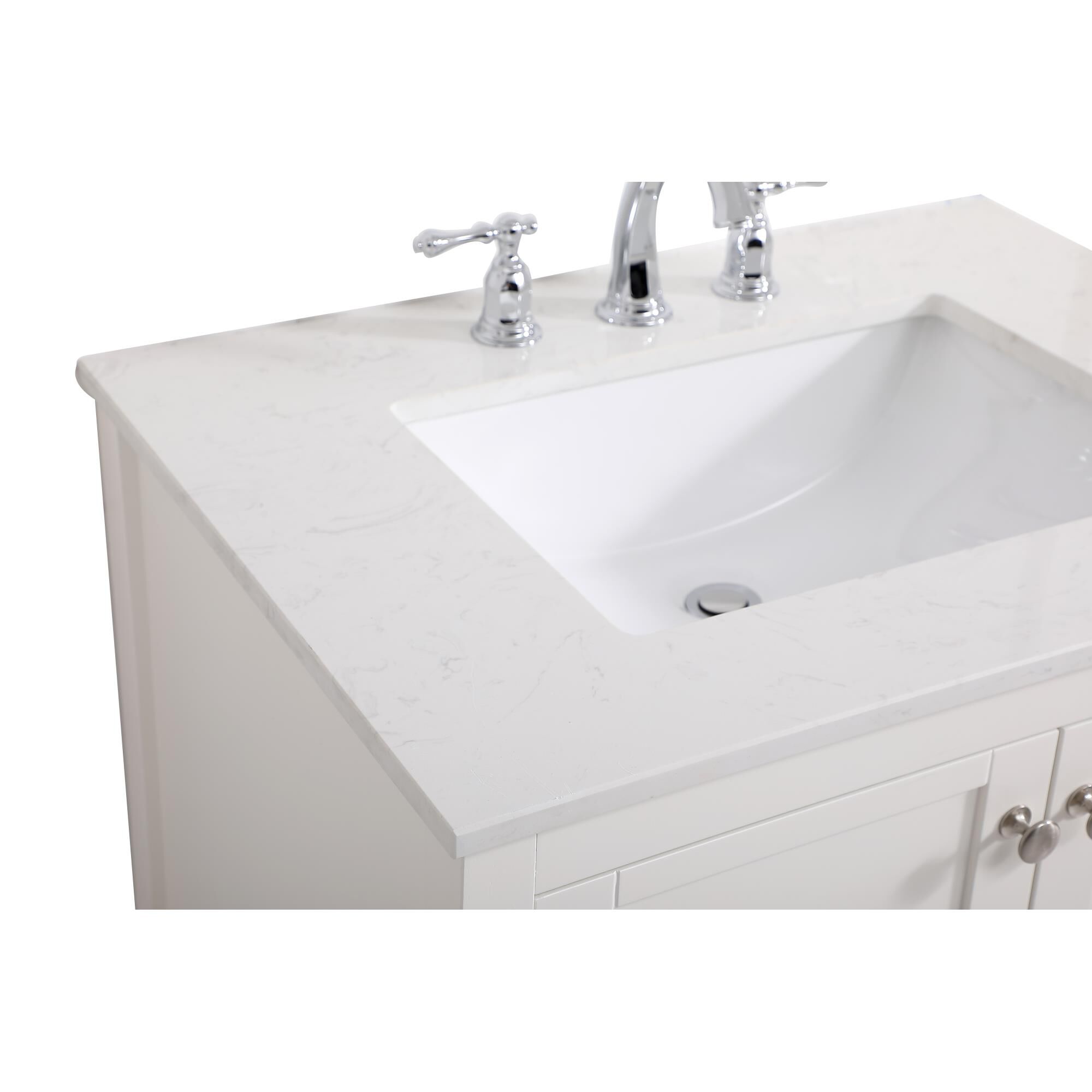 Shown in White And Brushed Nickel With Calacatta Quartz finish