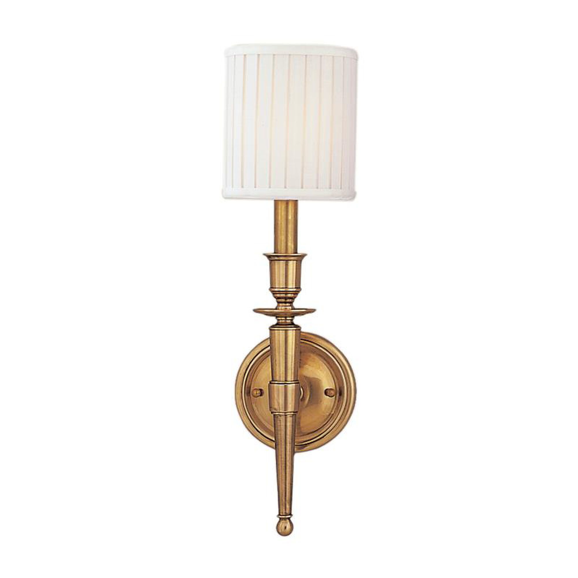 Shown in Aged Brass finish and Off White Faux Silk shade