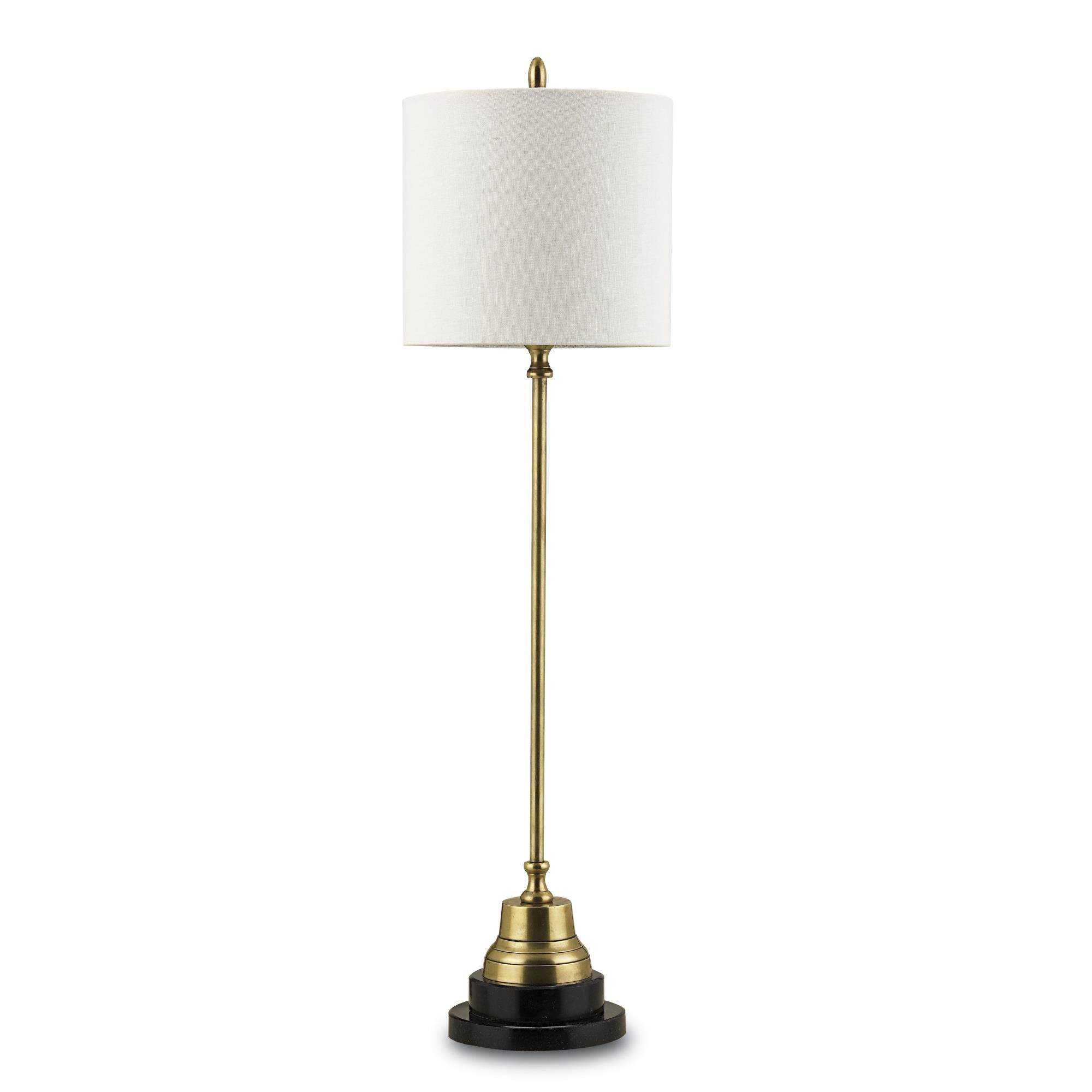 Shown in Vintage Brass-Black finish and Bone Linen shade