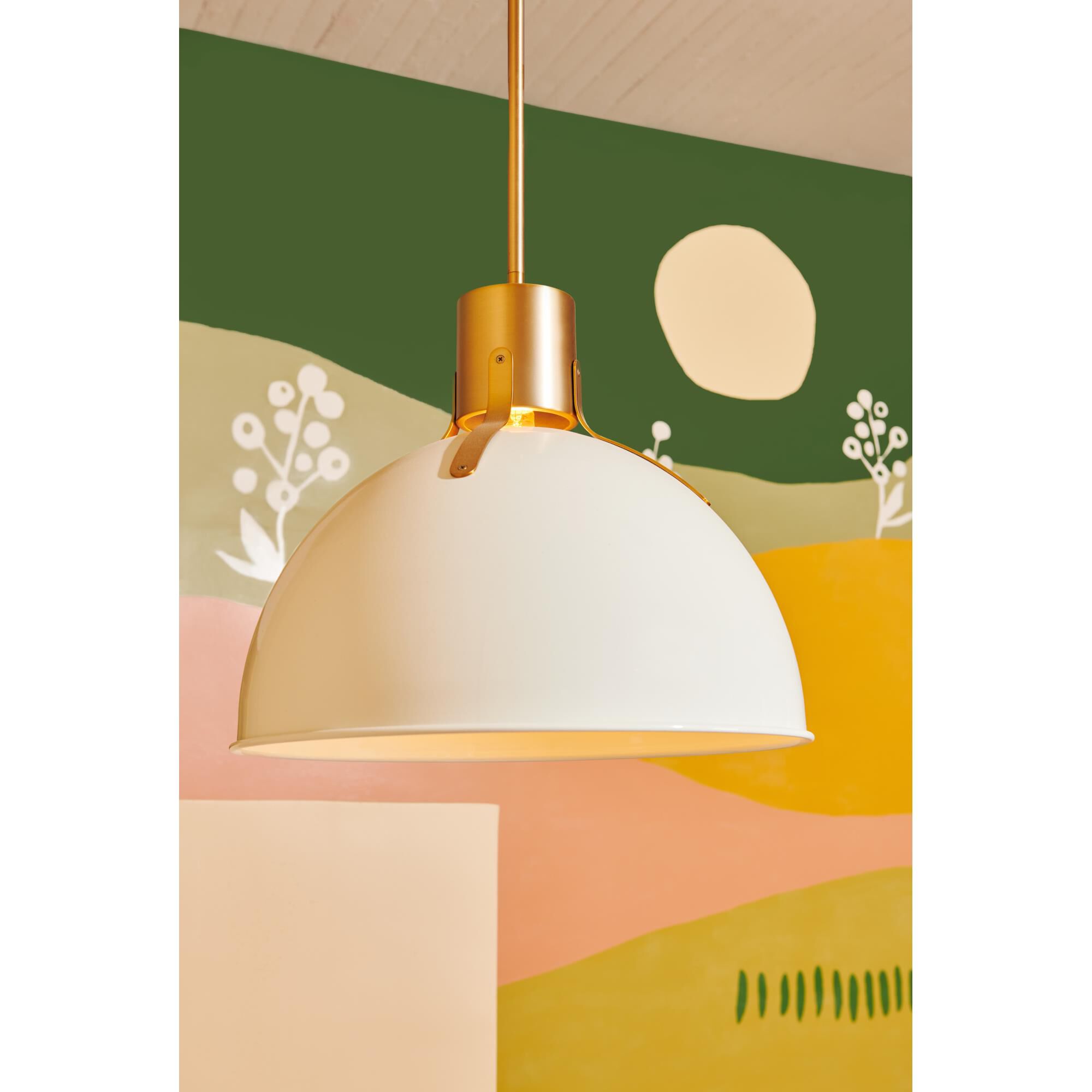 Shown in Polished White finish and Metal shade and Lacquered Brass accent