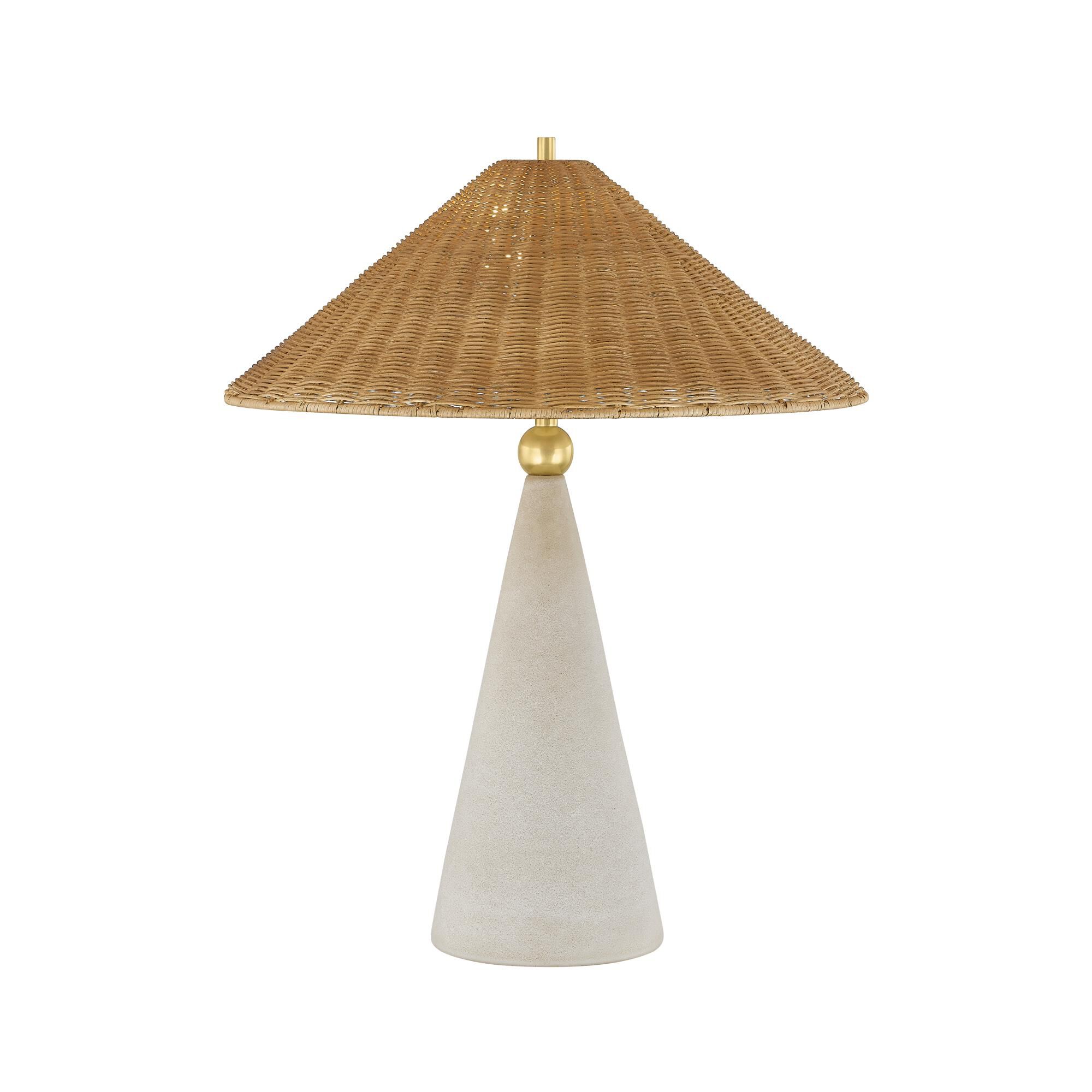 Shown in Aged Brass and Ceramic Windswept White finish and Natural Woven shade