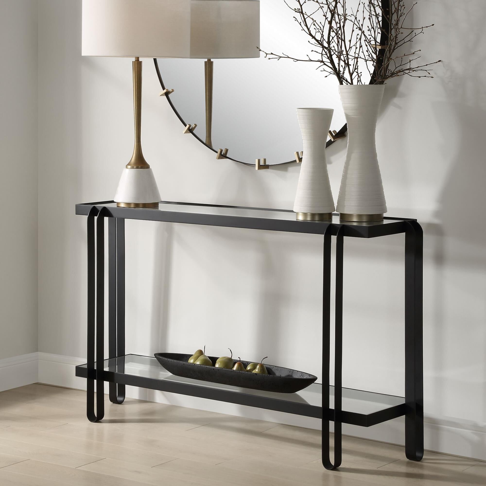 Shown in An Elegant Silhouette Console Table With Simple Clean Cut Lines And Enriched With Added Curves. Feat finish