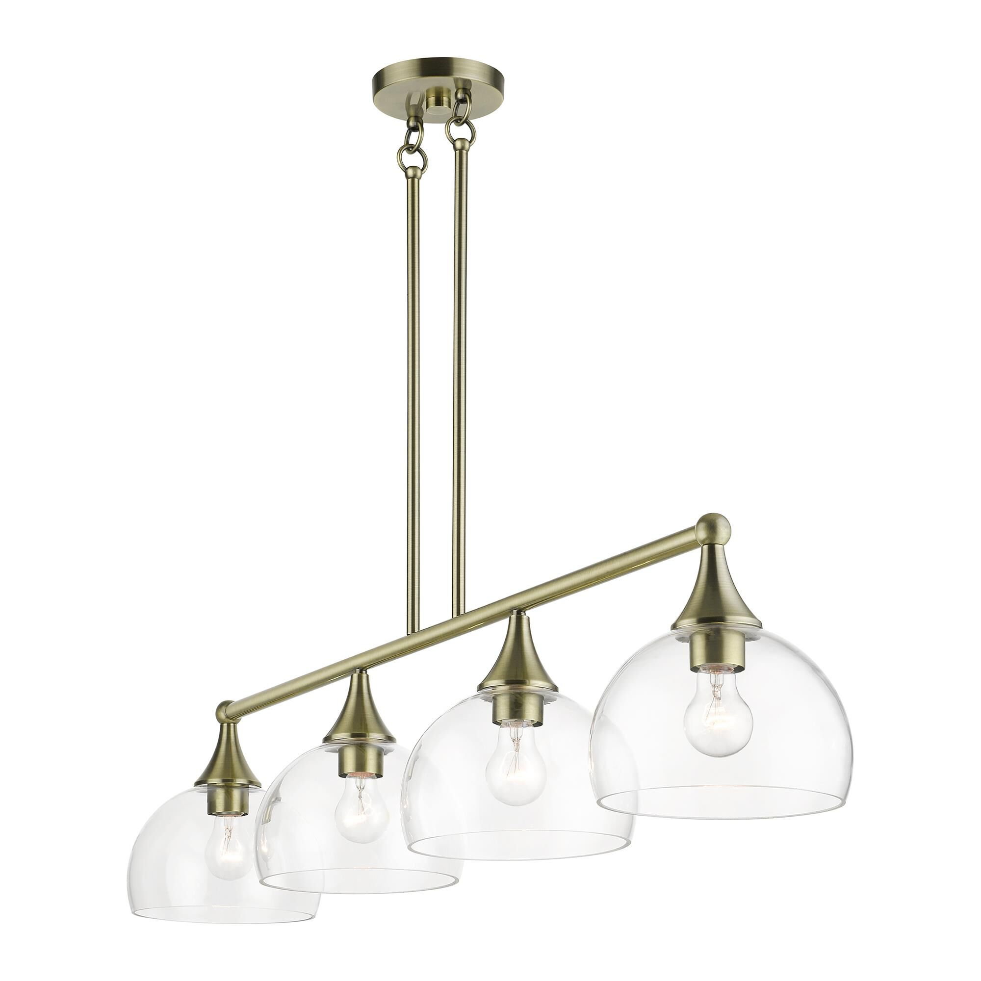 Shown in Antique Brass finish and Clear Hand Blown glass